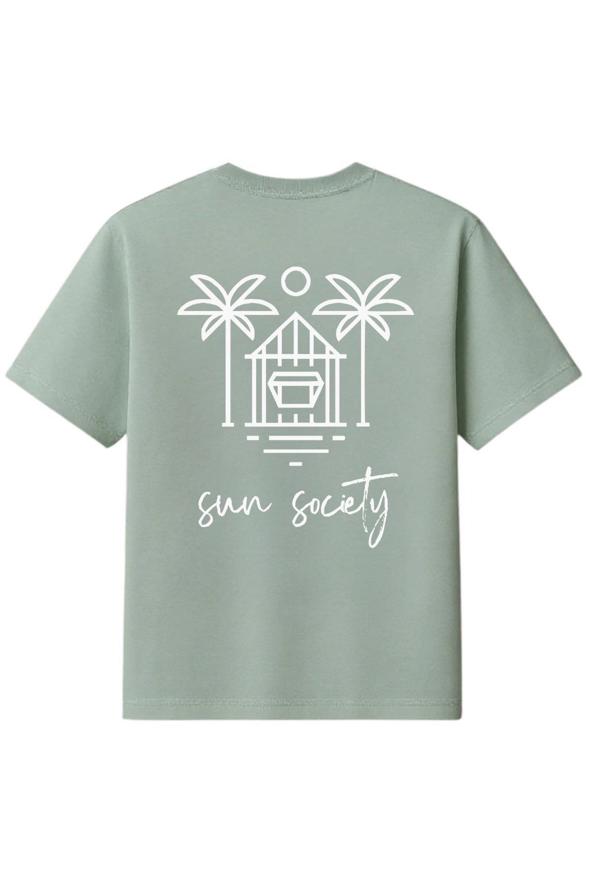 Rückansicht des mintgrünen The Sunkissed Rebels Oversized T-Shirts mit großem weißen „Sun Society“-Print mit Strandhaus und Palmen.