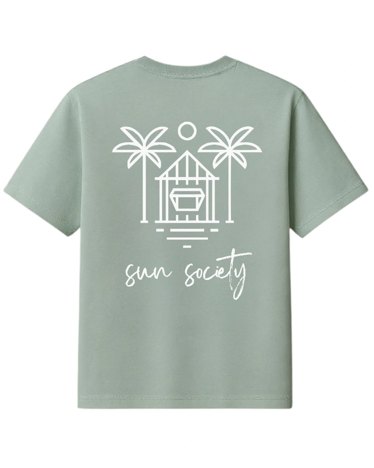 Rückansicht des mintgrünen The Sunkissed Rebels Oversized T-Shirts mit großem weißen „Sun Society“-Print mit Strandhaus und Palmen.