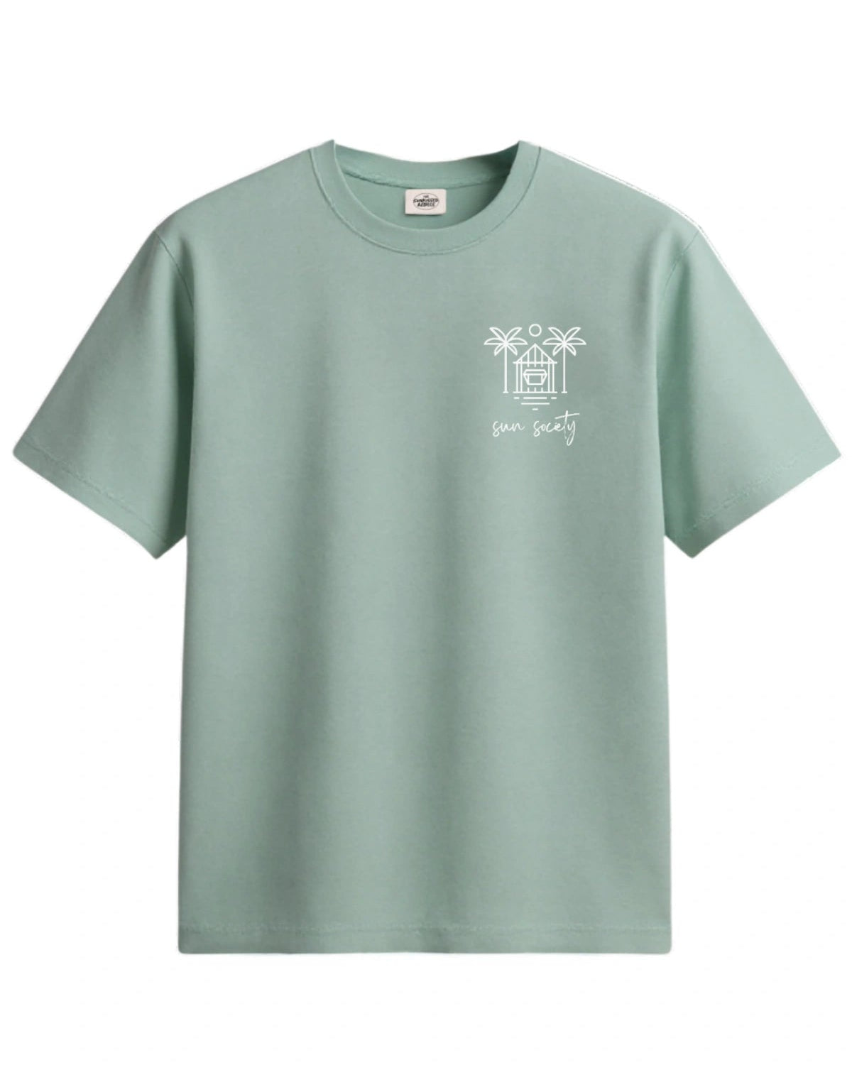 Vorderansicht des mintgrünen The Sunkissed Rebels Oversized T-Shirts mit weißem „Sun Society“-Print und Palmenmotiv auf der Brust.