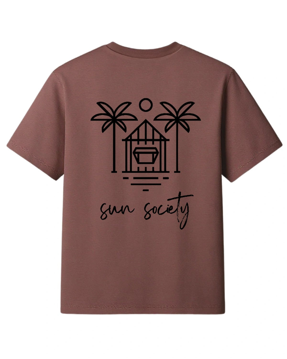 Rückansicht des bordeauxfarbenen The Sunkissed Rebels Oversized T-Shirts mit großem „Sun Society“-Design und Palmenmotiv.