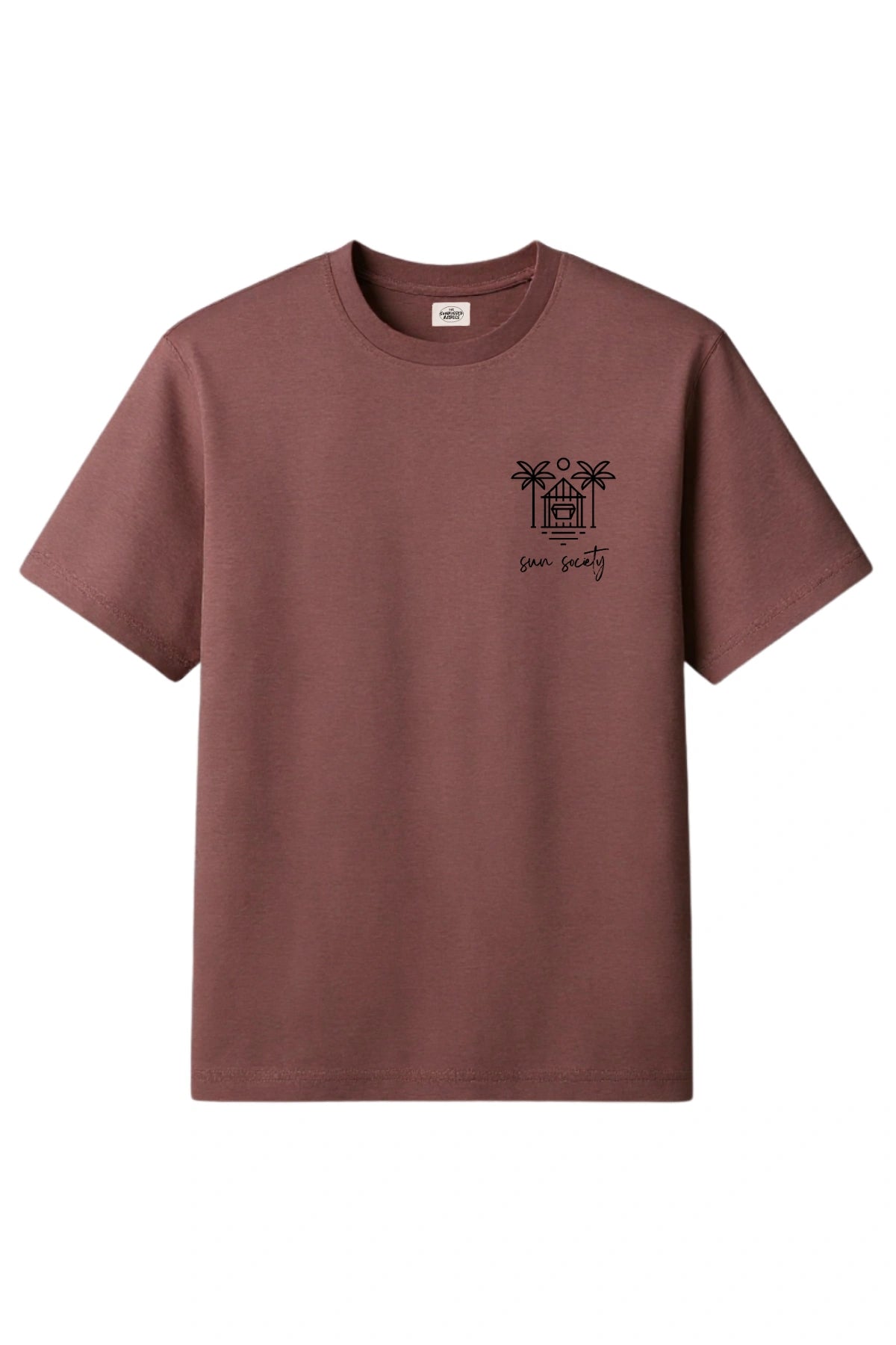 Vorderansicht des bordeauxfarbenen The Sunkissed Rebels Oversized T-Shirts mit schwarzem „Sun Society“-Print und Palmen auf der Brust.
