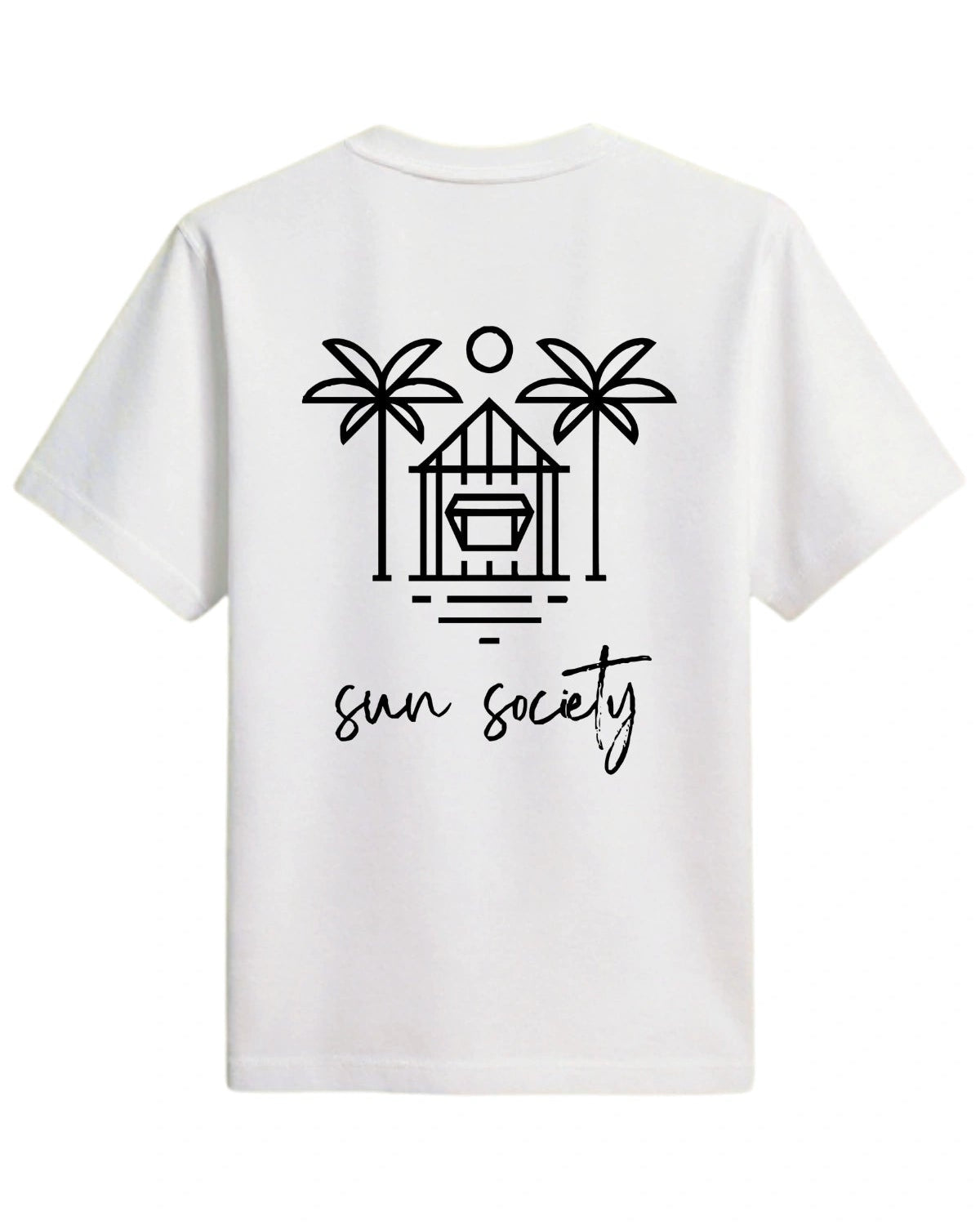 Rückansicht des weißen The Sunkissed Rebels Oversized T-Shirts mit großem „Sun Society“-Design mit Palmen und Strandhaus.