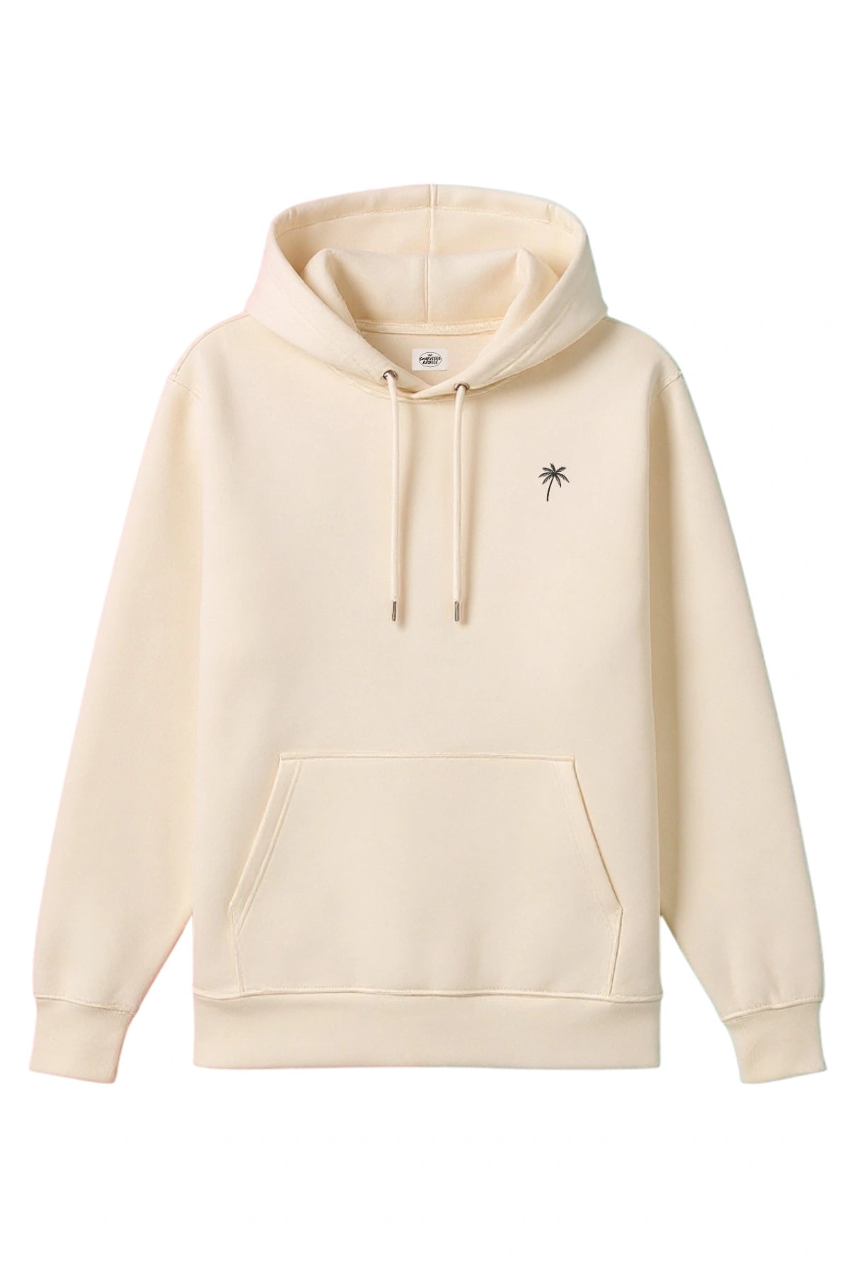 Vorderansicht des naturfarbenen The Sunkissed Rebels Hoodies mit dezenter schwarzer Palmenstickerei auf der Brust.