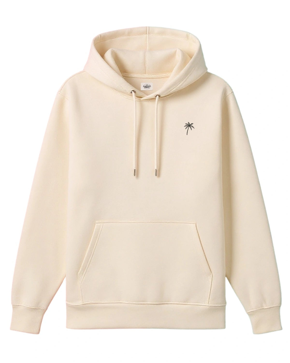 Vorderansicht des naturfarbenen The Sunkissed Rebels Hoodies mit dezenter schwarzer Palmenstickerei auf der Brust.