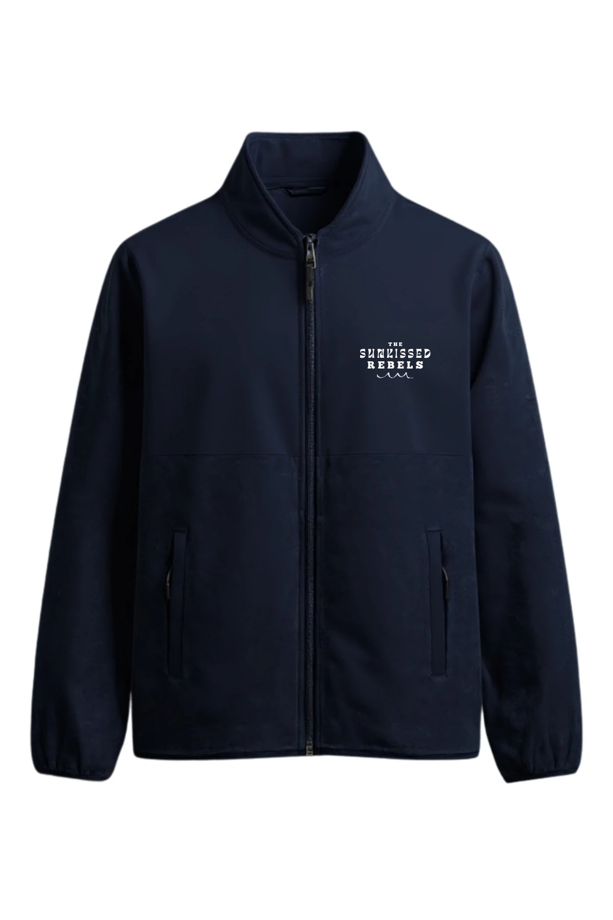 Vorderansicht der dunkelblauen The Sunkissed Rebels „Paradise Sunset Fleece Trekker“ Jacke in French Navy mit Reißverschluss und Brustlogo.