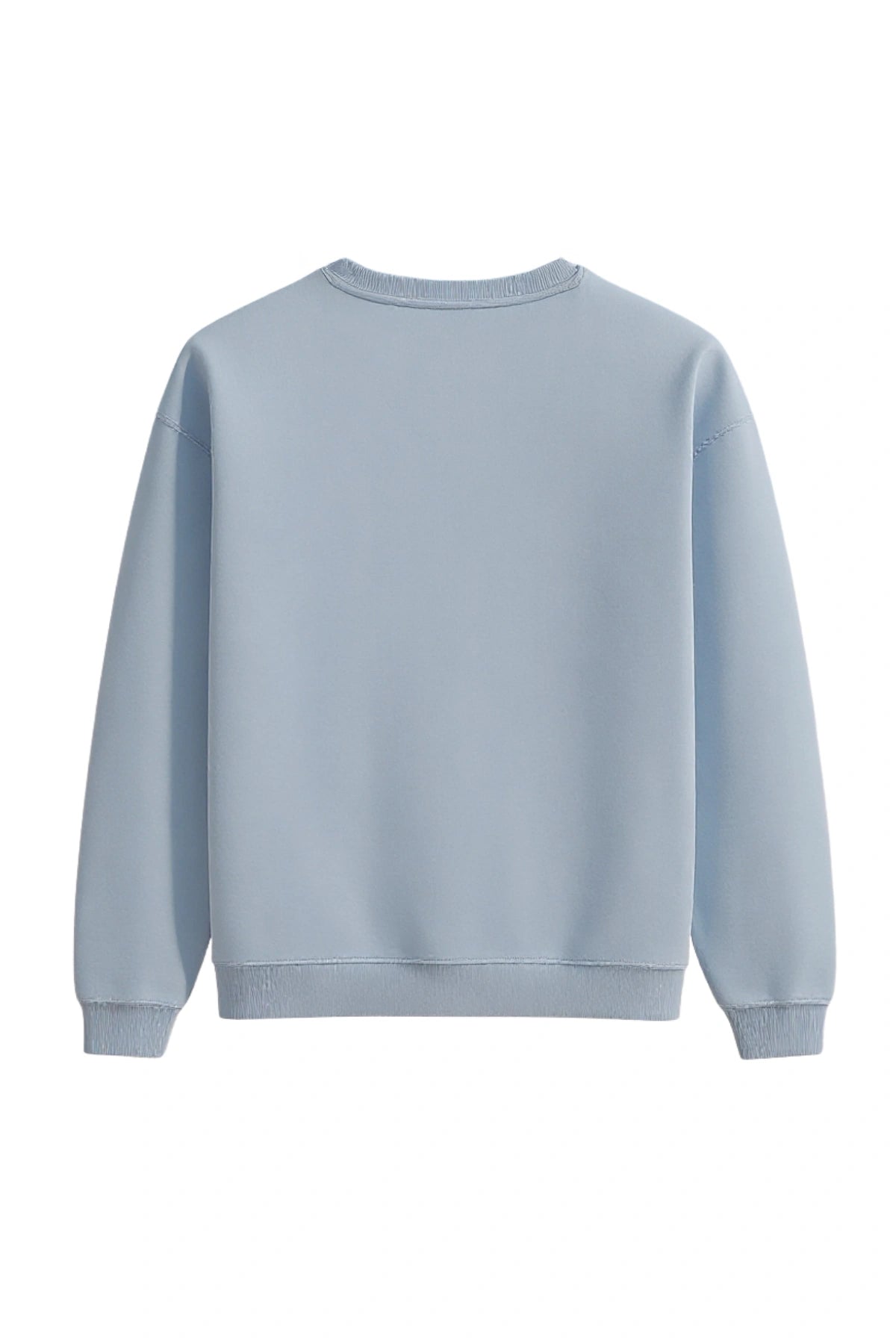 Rückansicht des himmelblauen The Sunkissed Rebels Sweaters in schlichtem Design ohne Aufdruck.