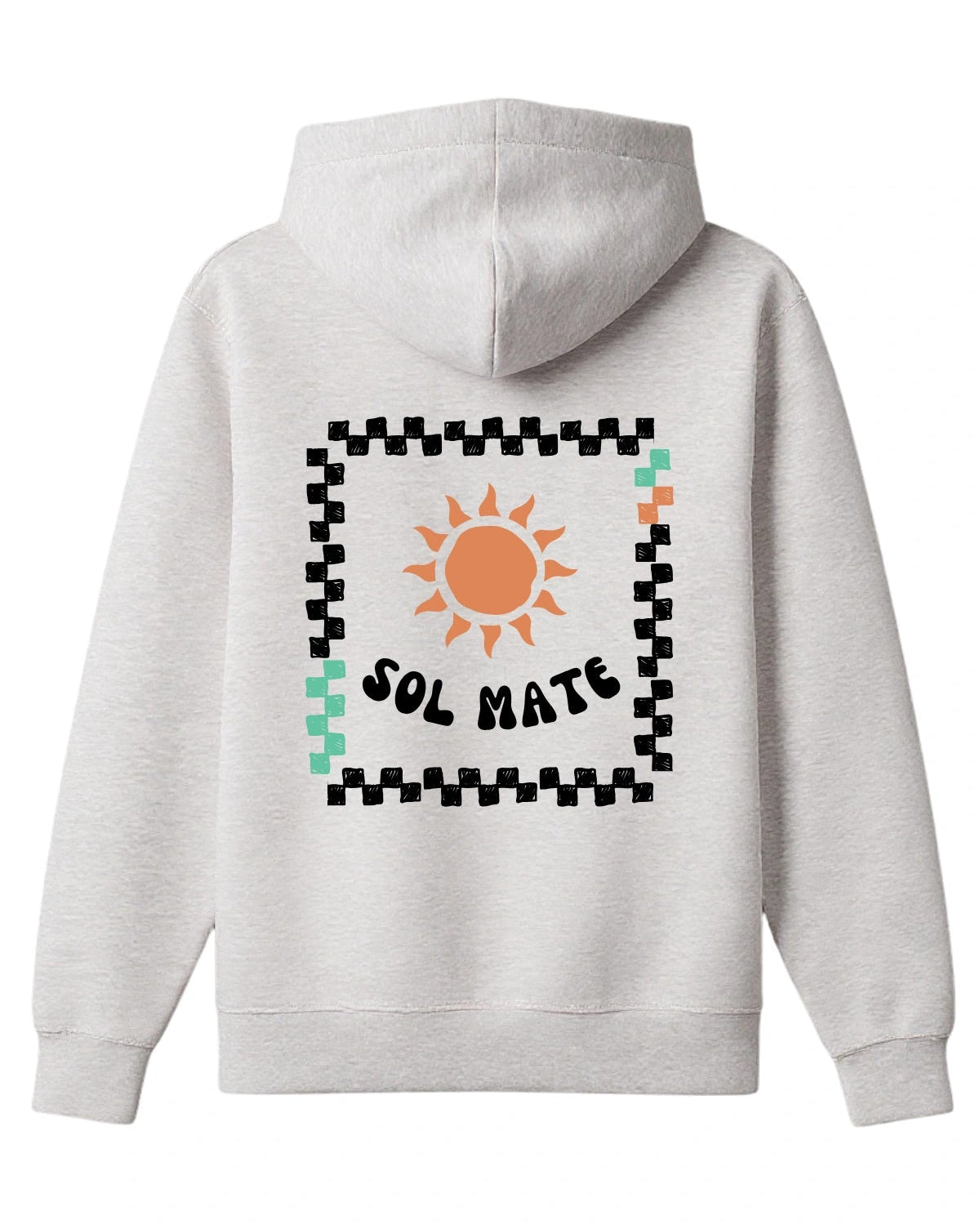 Rückansicht des grauen The Sunkissed Rebels Hoodies mit großem bunten „Sol Mate“-Print und Sonnenmotiv im Retro-Stil.