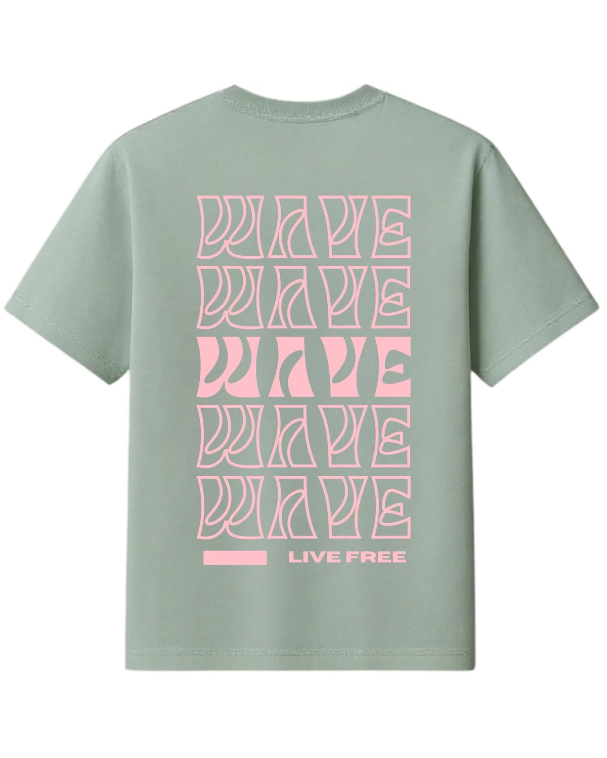 Rückansicht des grünen The Sunkissed Rebels T-Shirts mit rosa „WAVE“-Print und dem Motto „LIVE FREE“.