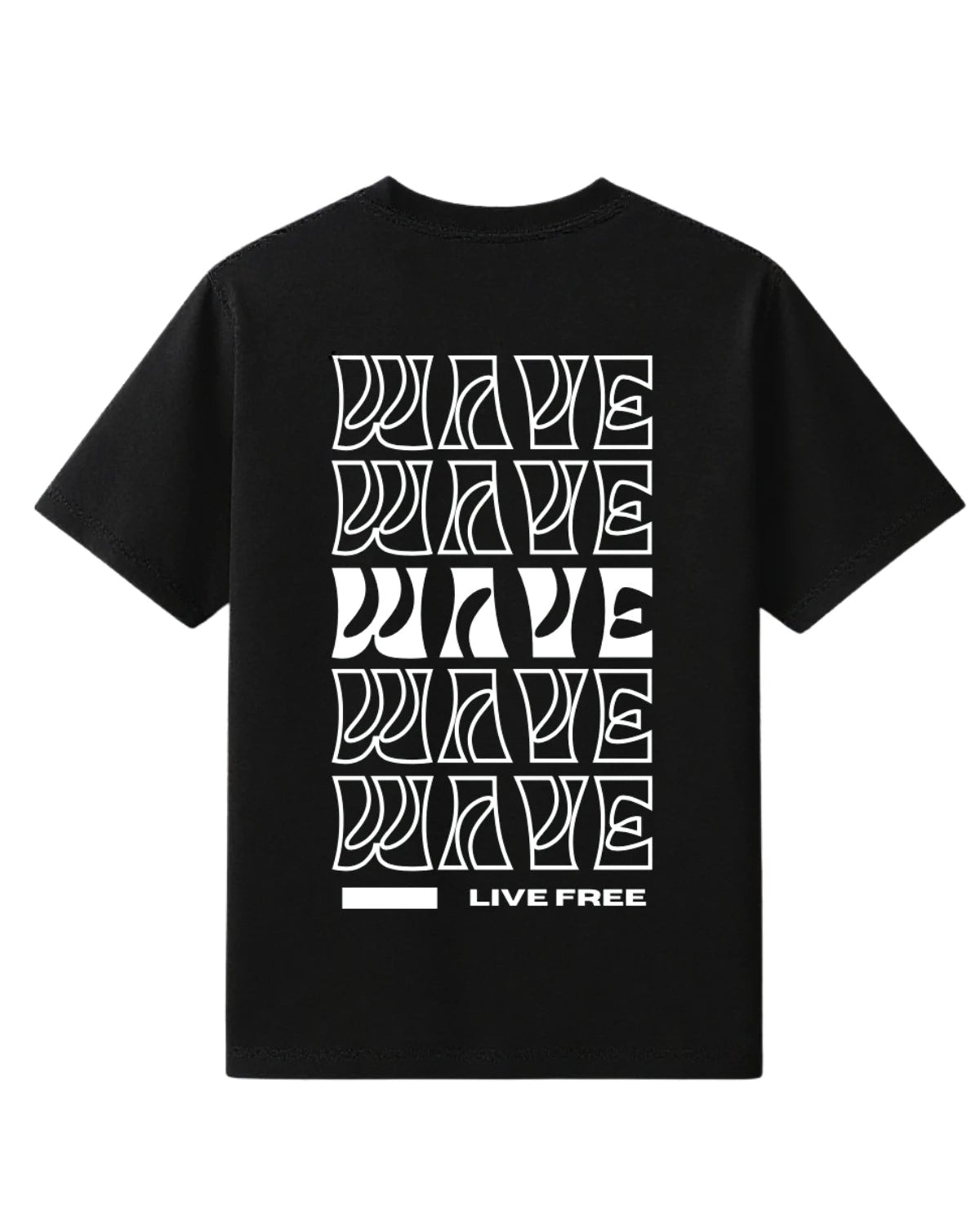 Rückansicht des schwarzen The Sunkissed Rebels T-Shirts mit wiederholtem „WAVE“-Schriftzug und dem Motto „LIVE FREE“.