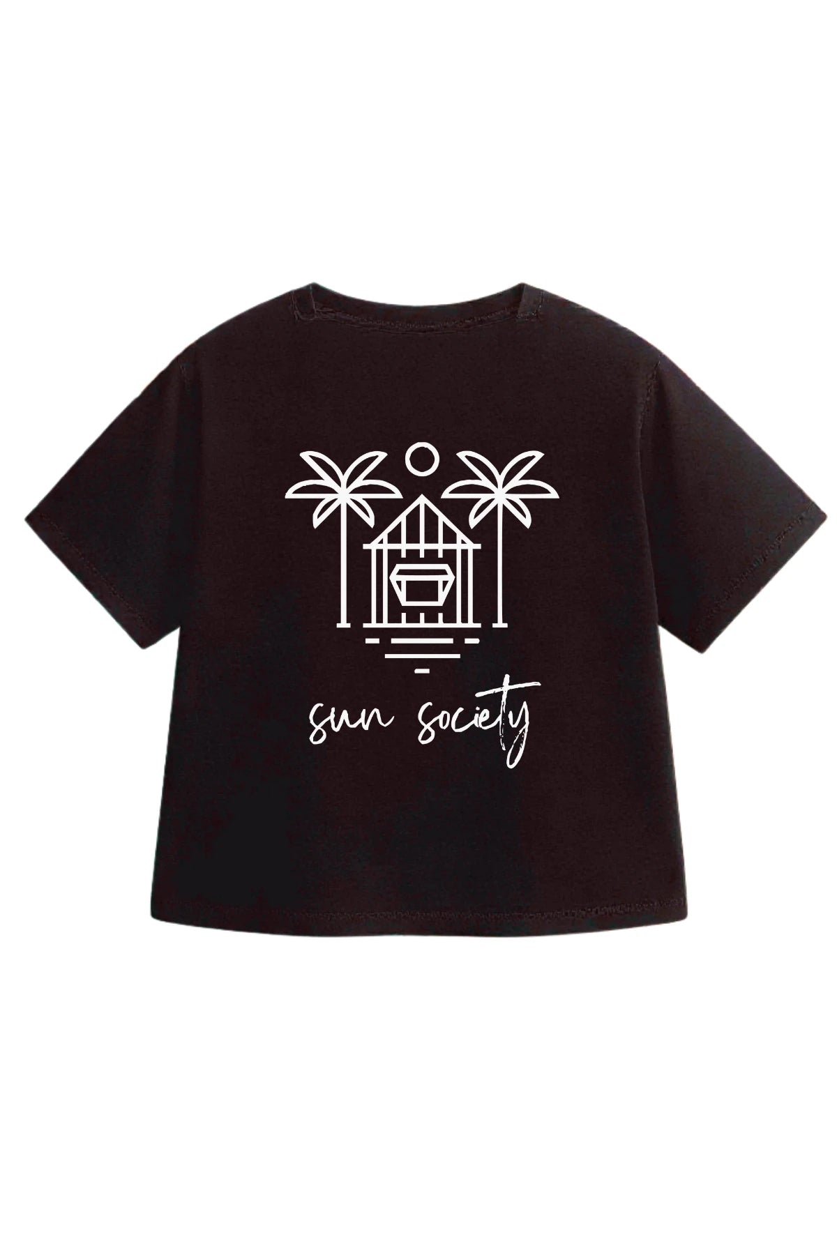 Rückansicht des schwarzen The Sunkissed Rebels T-Shirts mit großem weißen „Sun Society“-Print mit Palmen und Strandhaus.