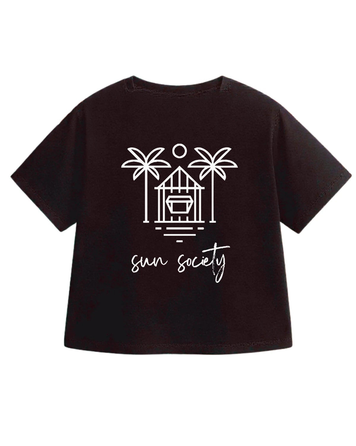 Rückansicht des schwarzen The Sunkissed Rebels T-Shirts mit großem weißen „Sun Society“-Print mit Palmen und Strandhaus.