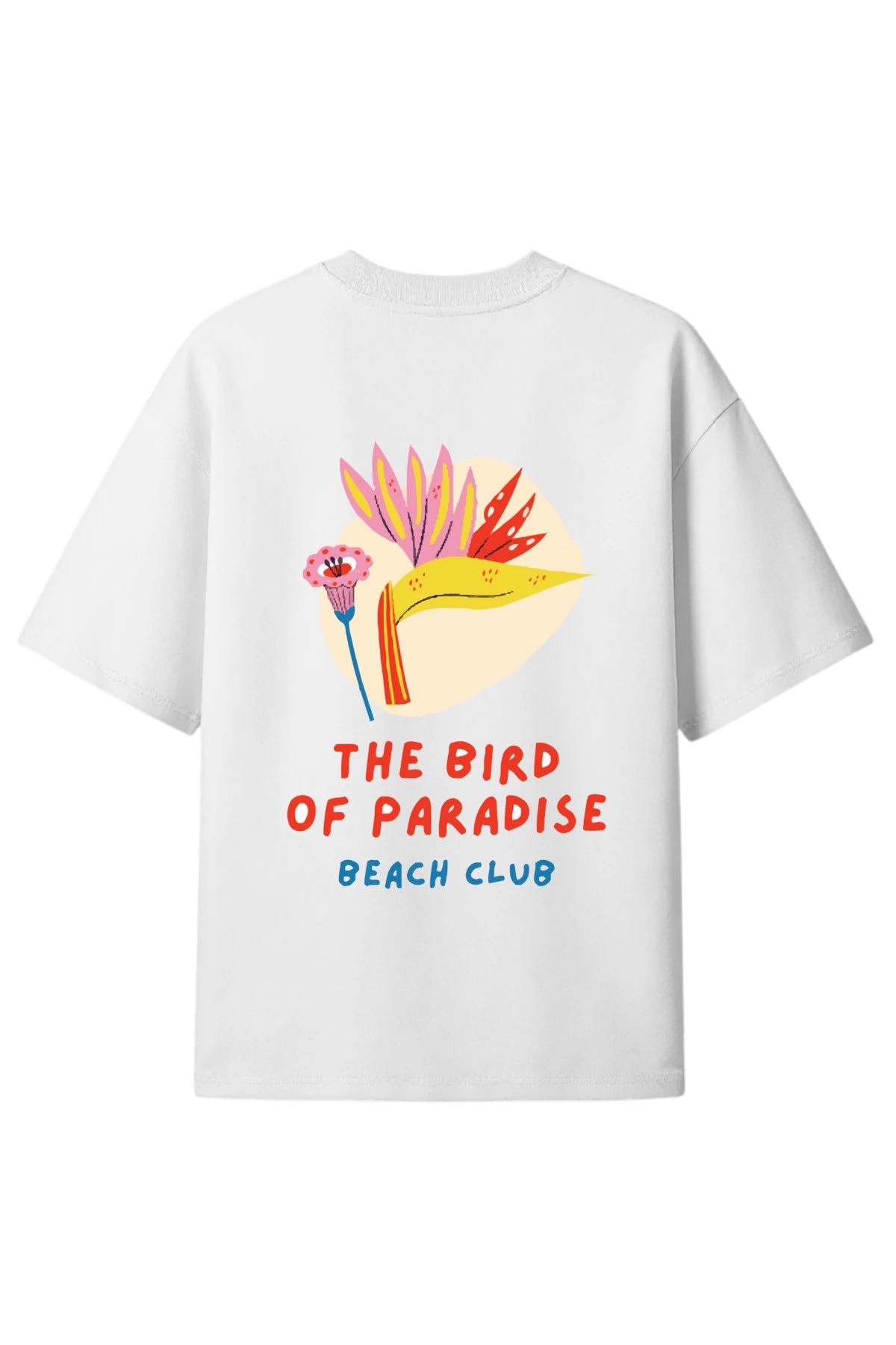 Rückansicht des weißen The Sunkissed Rebels T-Shirts mit großem tropischen Vogelmotiv und Schriftzug „The Bird of Paradise Beach Club“.