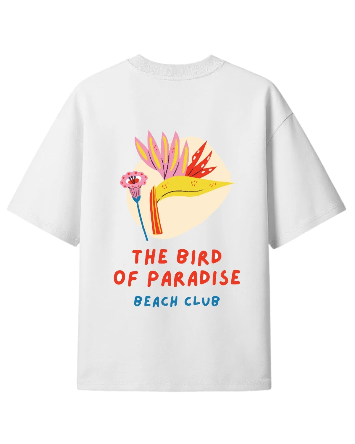 Rückansicht des weißen The Sunkissed Rebels T-Shirts mit großem tropischen Vogelmotiv und Schriftzug „The Bird of Paradise Beach Club“.