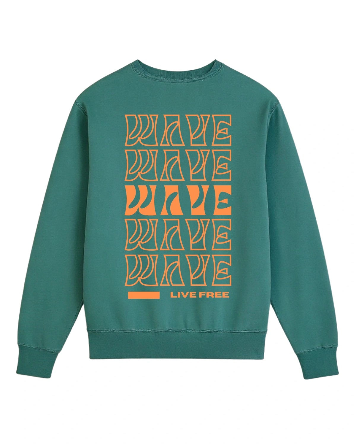 Rückansicht des grünen The Sunkissed Rebels Vintage Sweaters mit großem „WAVE LIVE FREE“-Print in Orange.