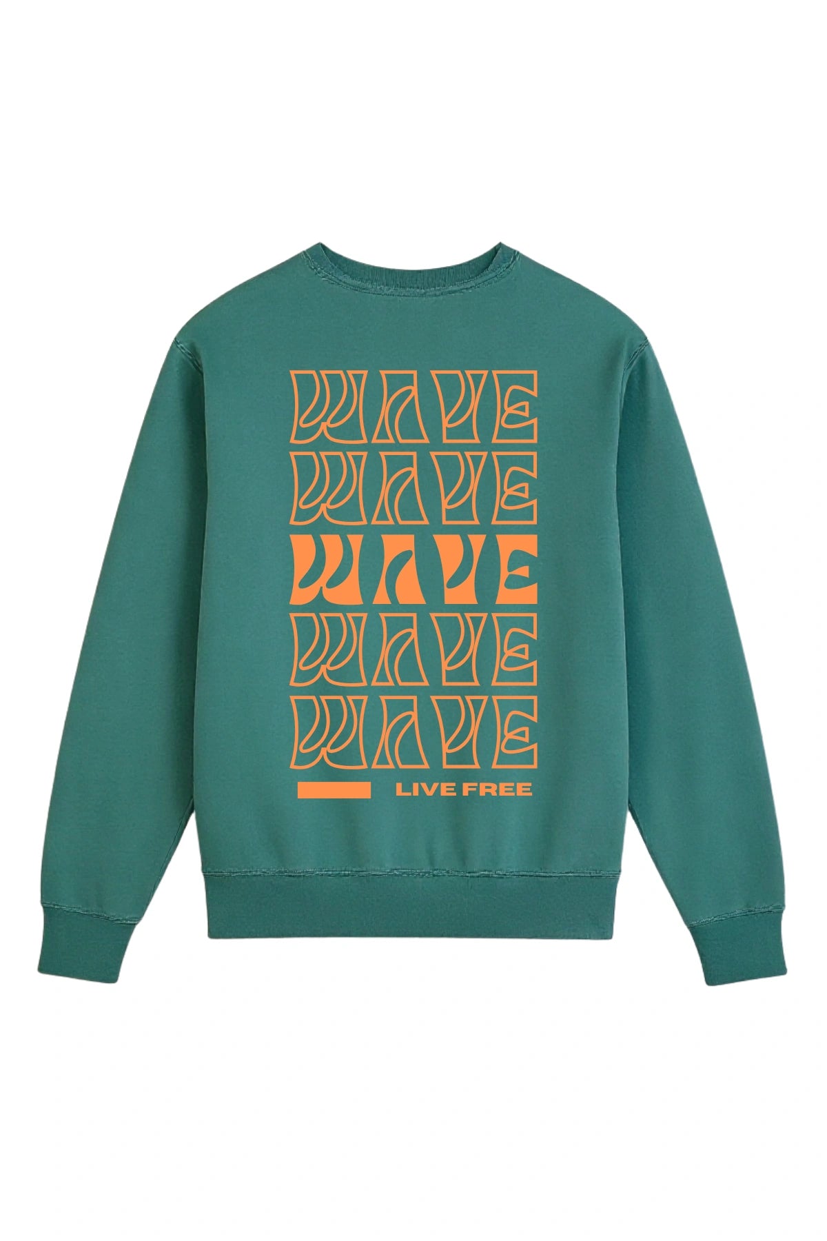 Rückansicht des grünen The Sunkissed Rebels Vintage Sweaters mit großem „WAVE LIVE FREE“-Print in Orange.