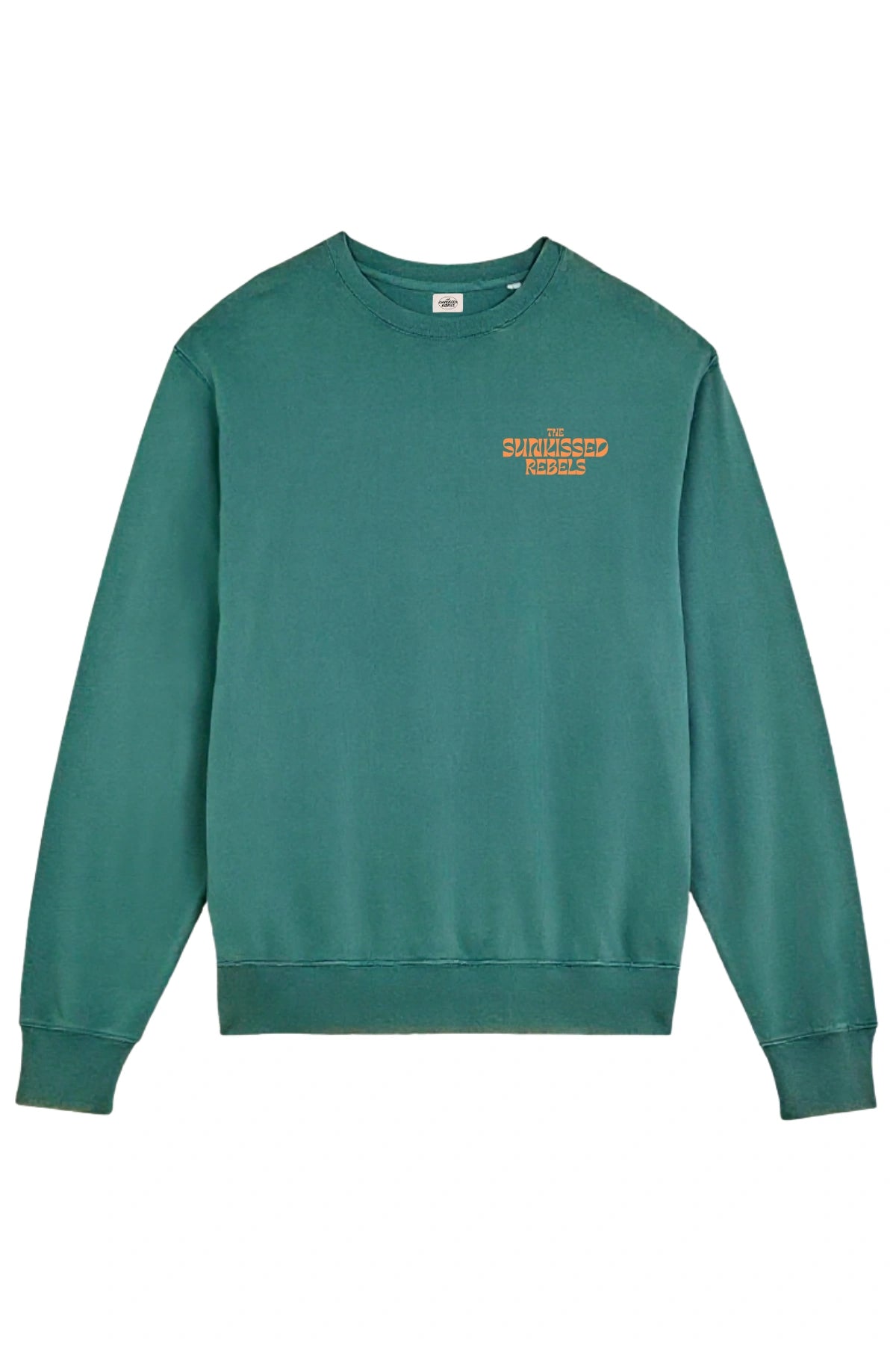 Vorderansicht des grünen The Sunkissed Rebels Vintage Sweaters mit orangefarbenem Logo „The Sunkissed Rebels“ auf der Brust.