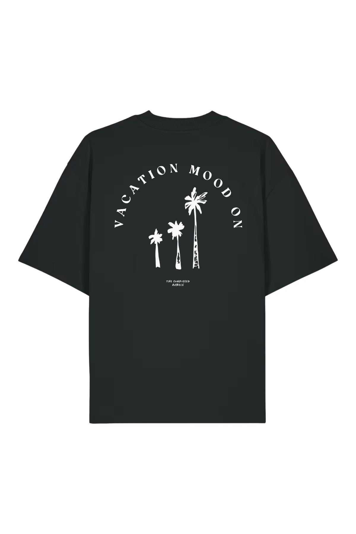 Vacation Mood On Boxy Oversized T-shirt in Schwarz – Rückseite mit großem Palmen-Print und Schriftzug "Vacation Mood On"
