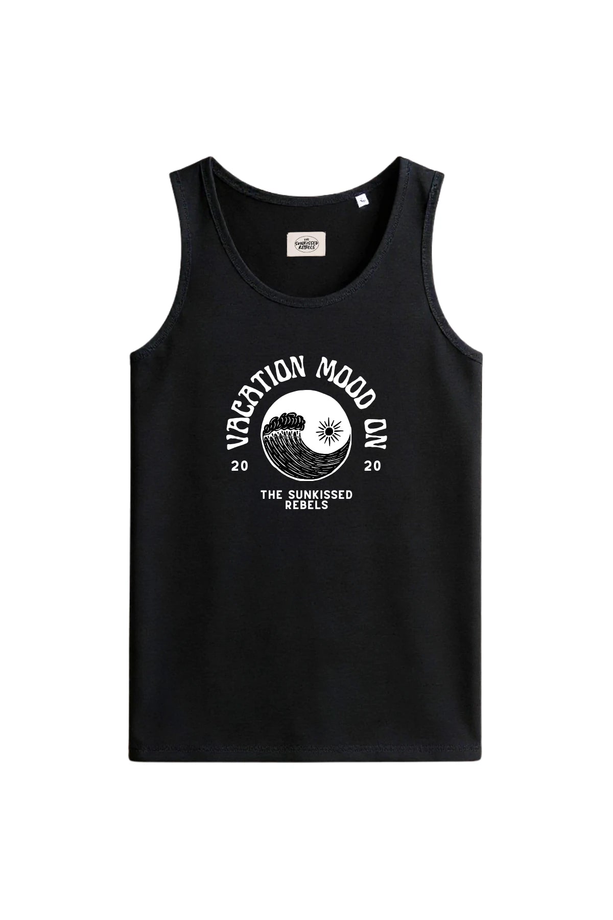 Schwarzes Vacation Mood On Tank Top mit weißem Wellen- und Sonnenmotiv auf der Vorderseite.