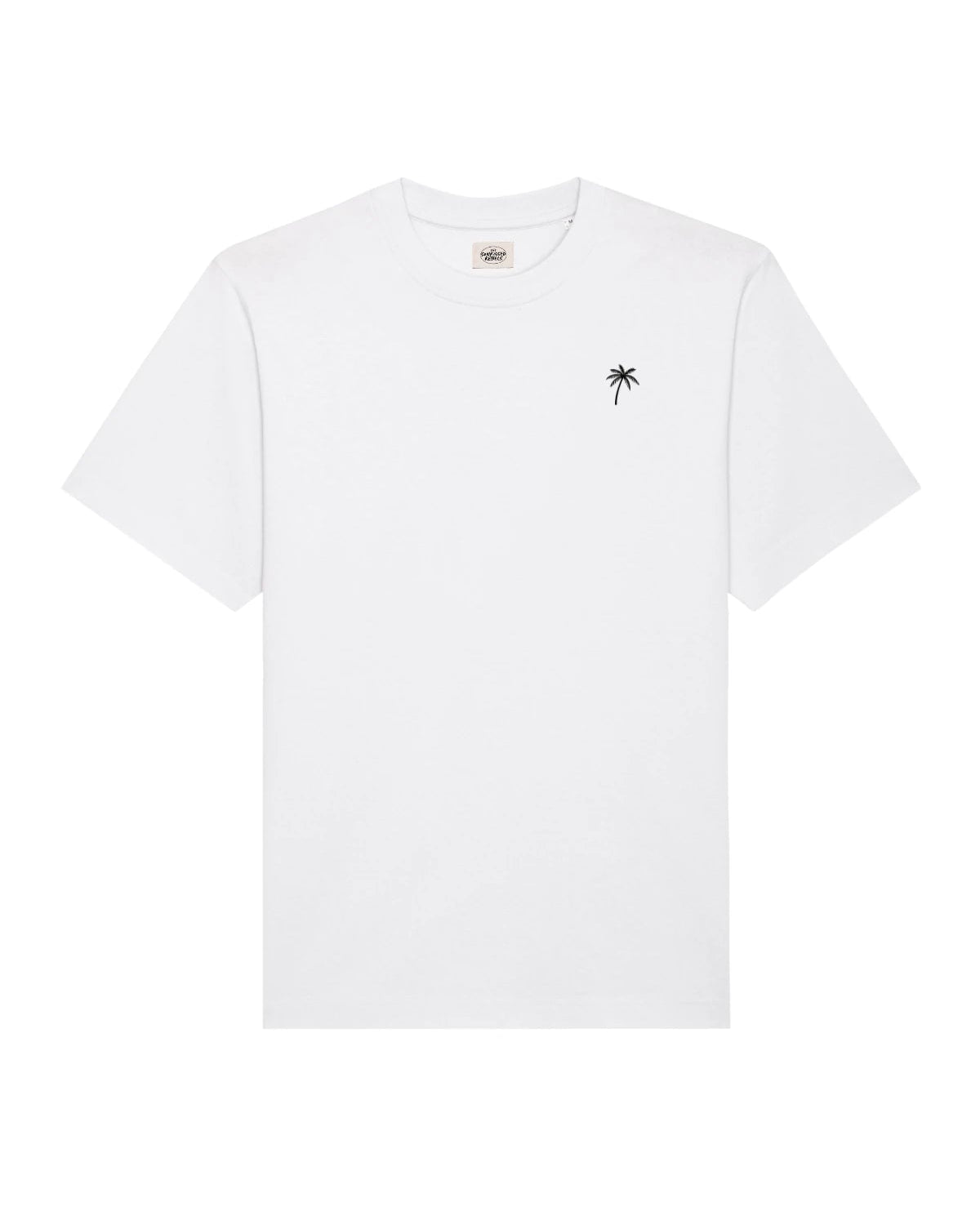Weißes T-Shirt mit schwarzer Palmen-Stickerei auf der Brust von The Sunkissed Rebels – cleanes Frontdesign.