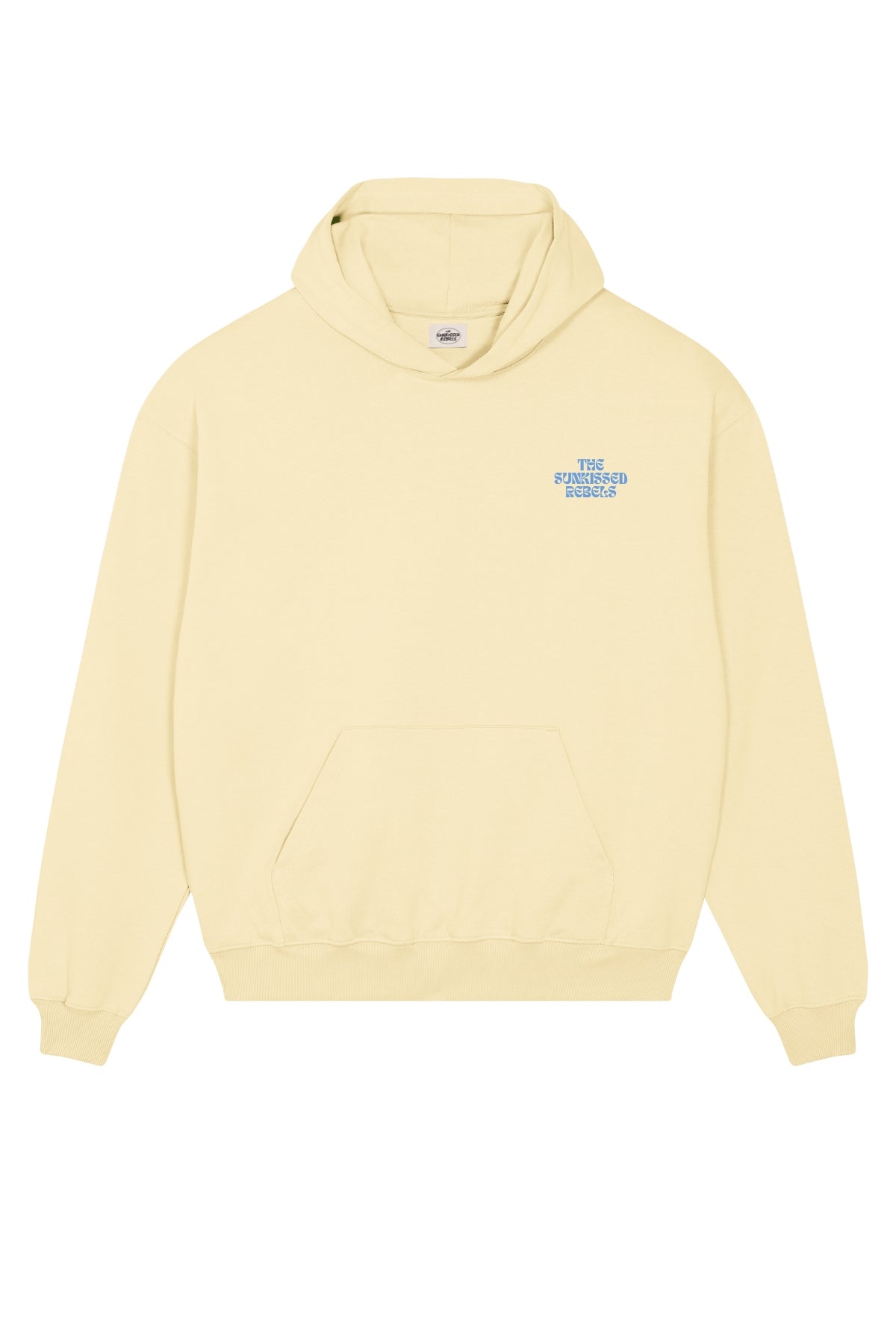 Oversized Hoodie in butter mit blauer The Sunkissed Rebels Aufschrift. 