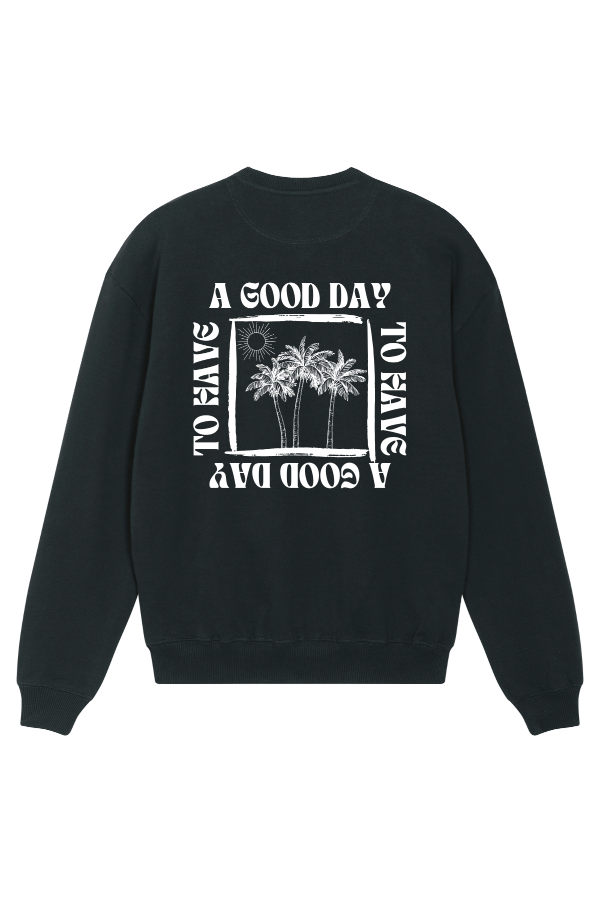 Schwarzer Oversized und Unisex Sweater mit weißem Palmen Print. 