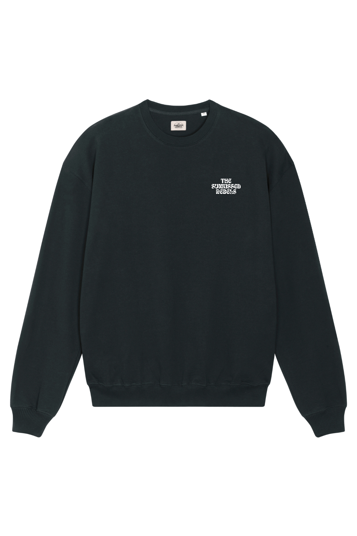 Schwarzer Oversized Sweater mit The Sunkissed Rebels Aufschrift. 