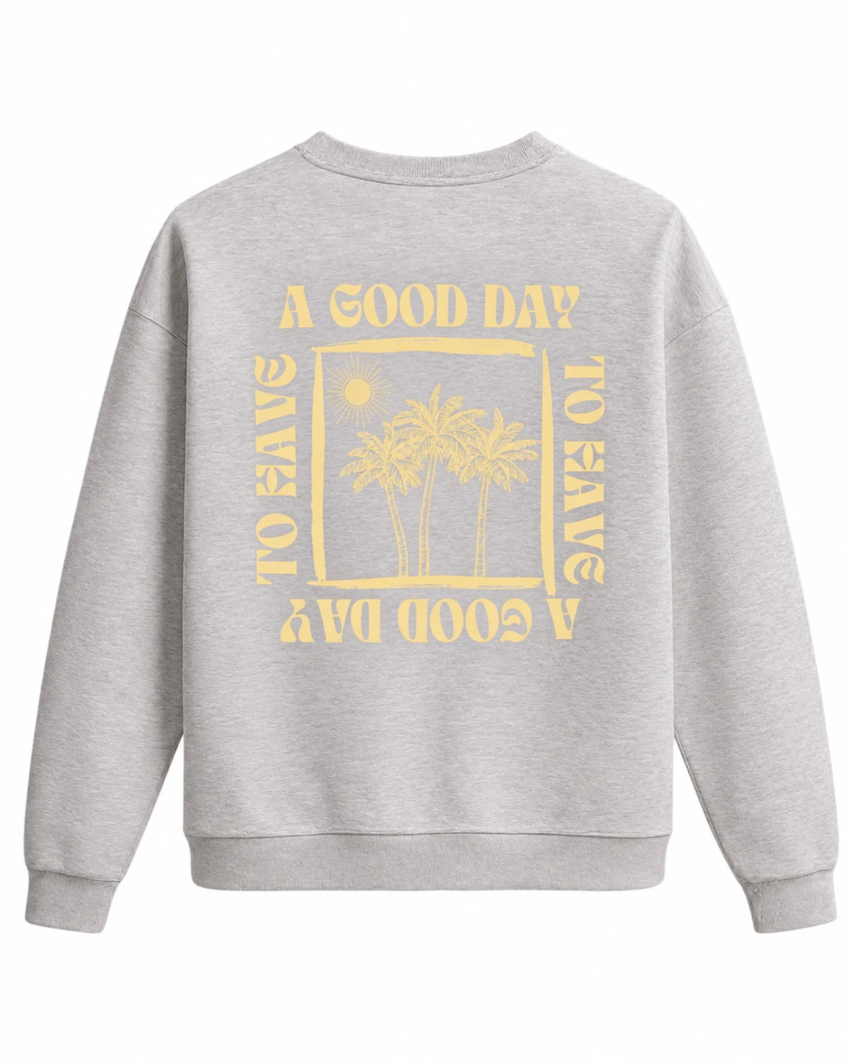 packshot aufnahme a good day oversized sweater in grau mit gelben palmenprint