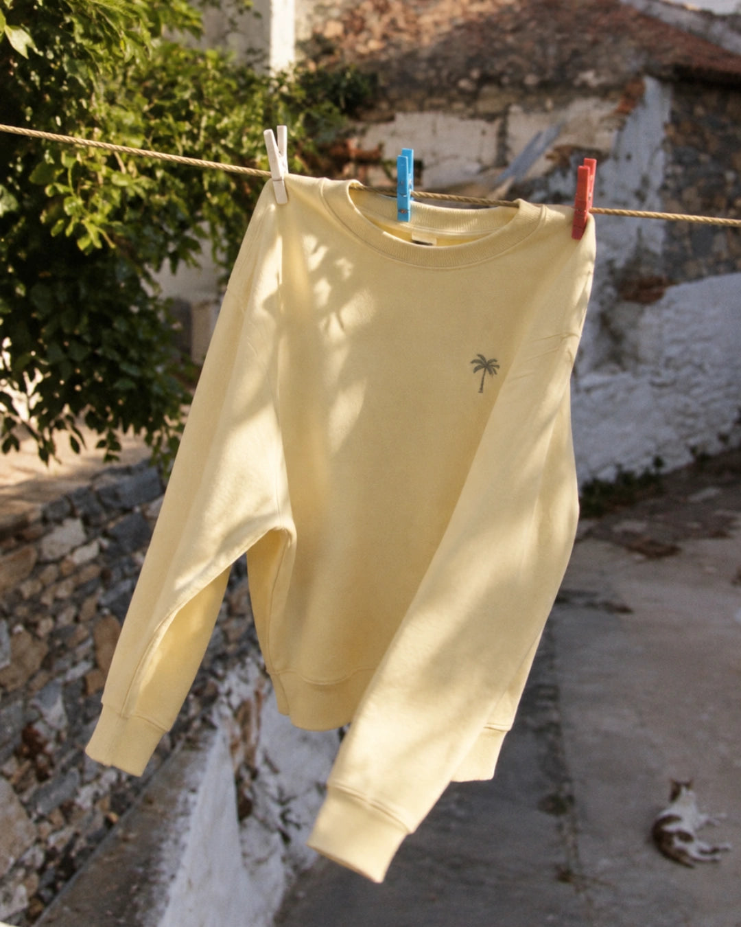 Butter Sweater mit Palmen Stick hängt an Wäscheleine 