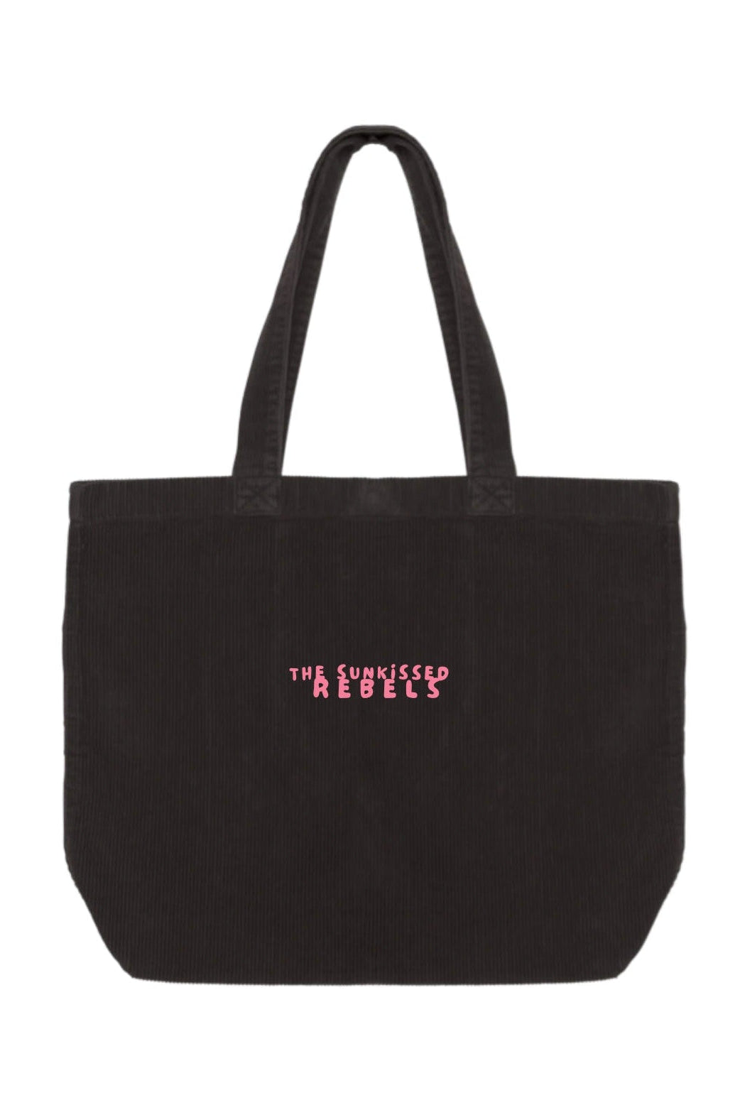Schwarze Cord Tasche von The Sunkissed Rebels mit Logo-Print – nachhaltige Tote Bag aus Cordstoff