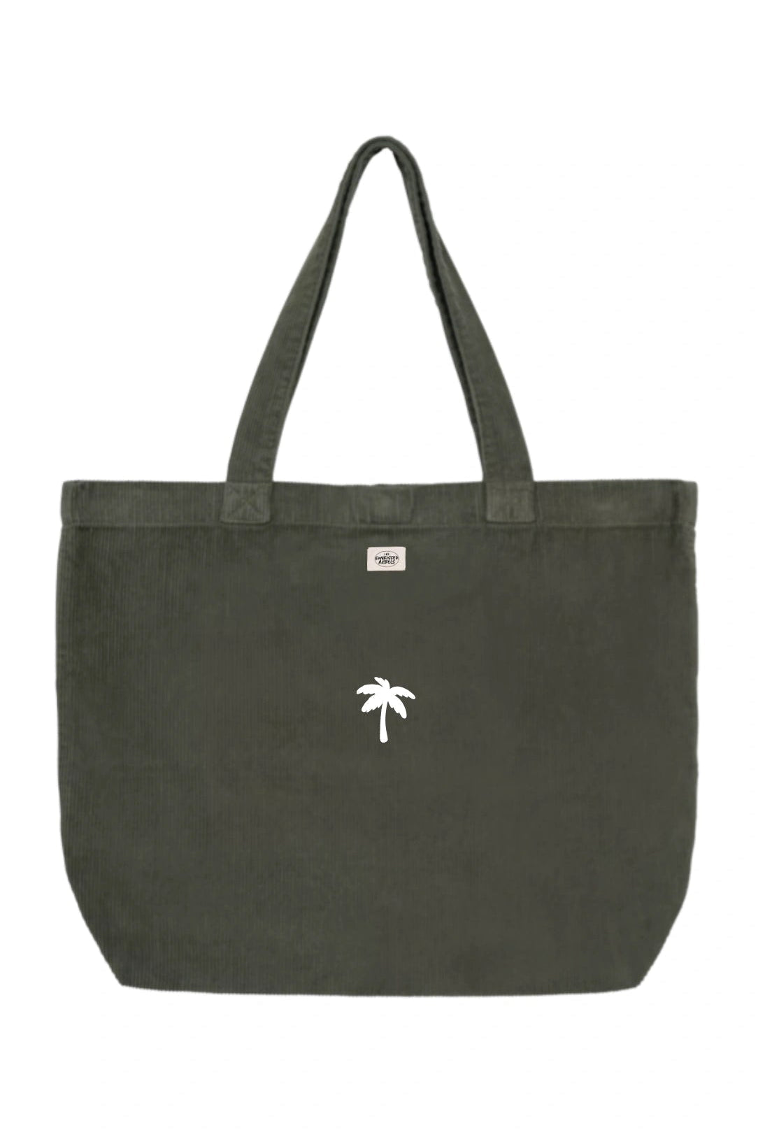 Khaki Cord Tasche von The Sunkissed Rebels mit Palmenprint – nachhaltige Tote Bag aus Cordstoff