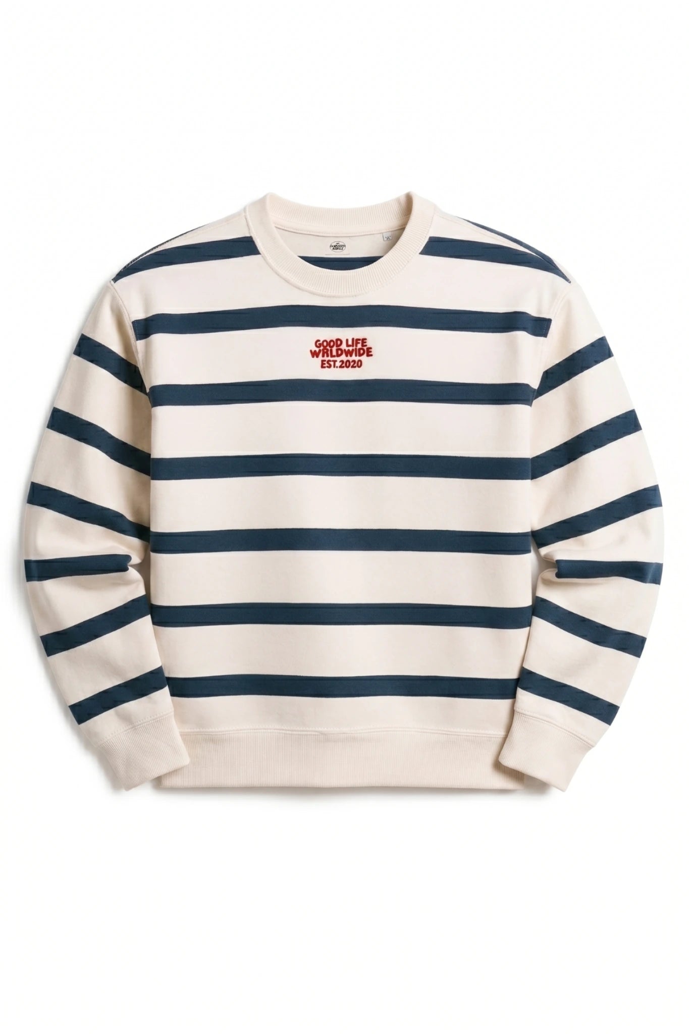 Gestreifter Sweater in Cream mit dunkelblauen Streifen und rotem Schriftzug auf der Vorderseite