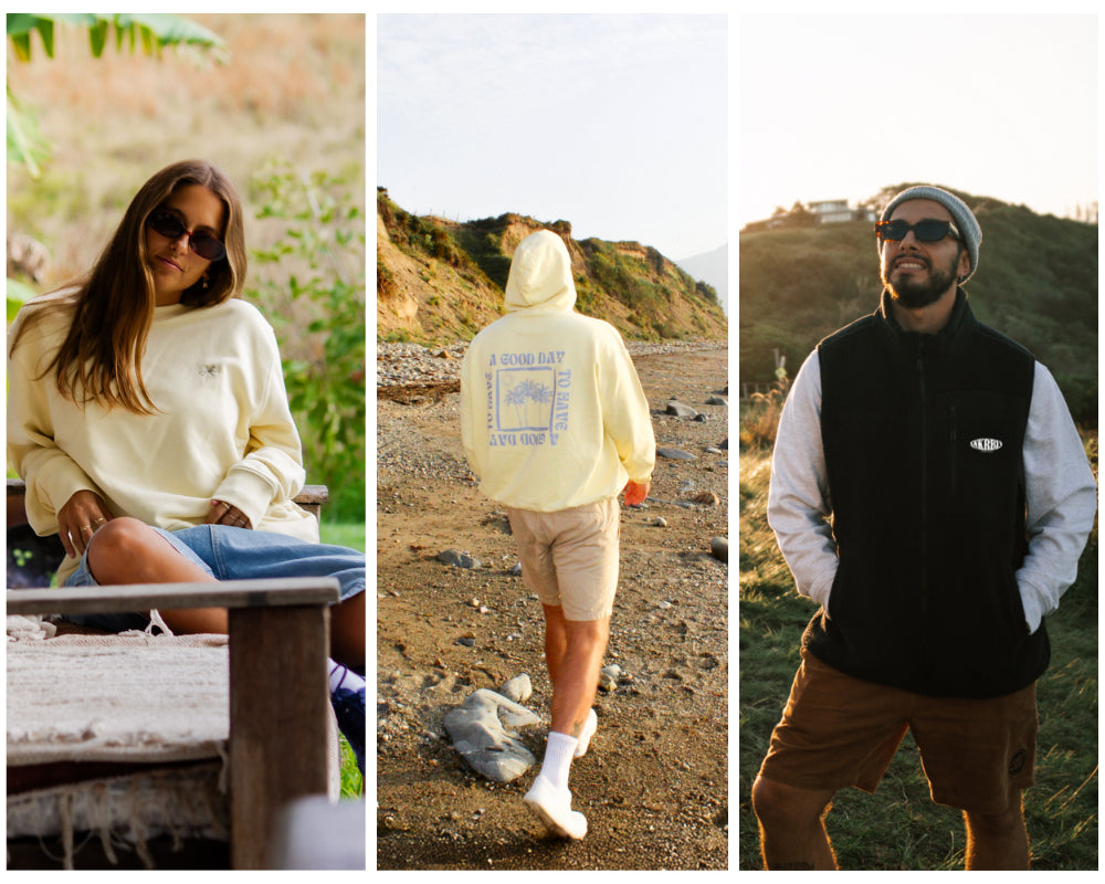 Drei Streetwear-Looks von The Sunkissed Rebels: Frau im gelben Sweater auf einer Bank, Mann im gelben Hoodie am Strand und Mann im schwarzen Fleece bei Sonnenuntergang.