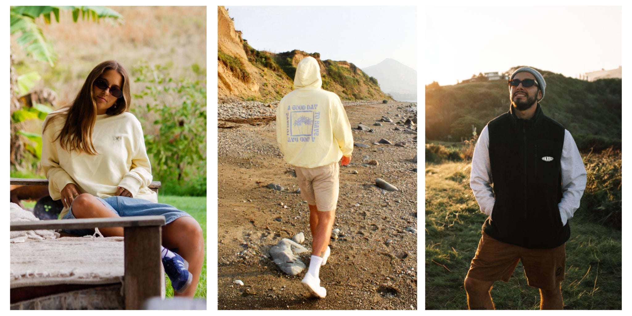 Drei Streetwear-Looks von The Sunkissed Rebels: Frau im gelben Sweater auf einer Bank, Mann im gelben Hoodie am Strand und Mann im schwarzen Fleece