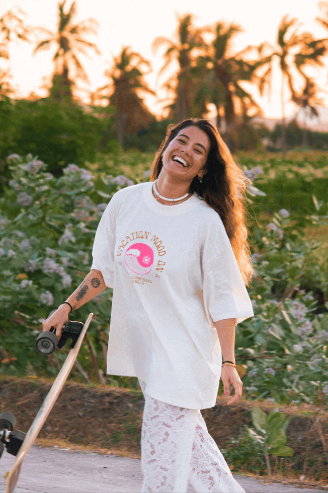 Vacation Mood On Boxy Oversized T-Shirt - Cream