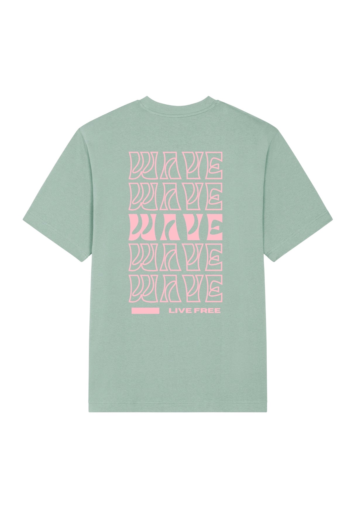 Rückansicht des grünen Oversize-Wave-Shirts mit pinkem Live-Free-Print