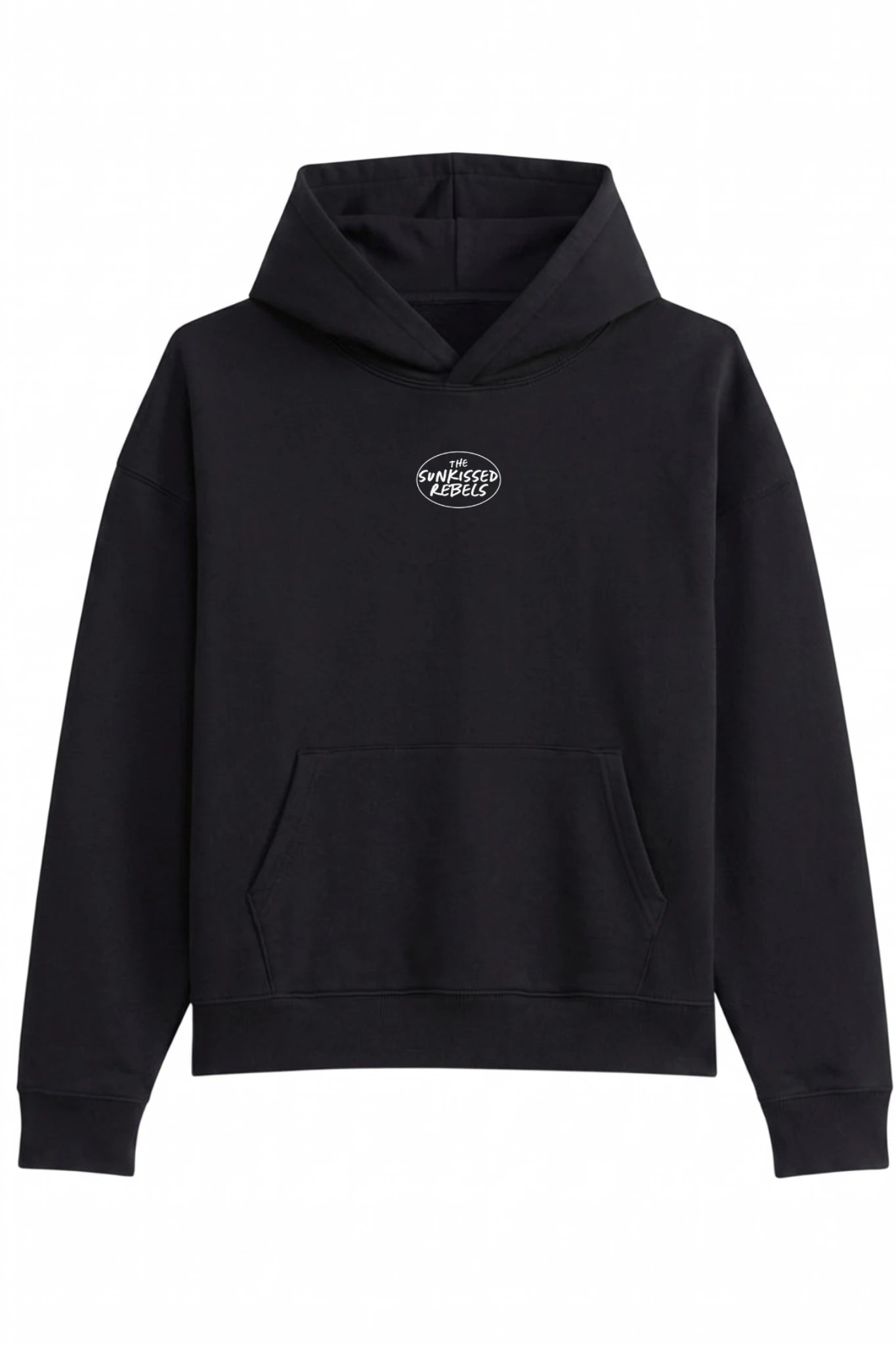 Schwarzer Hoodie mit Logo Print vorne und Kängurutasche im minimalistischen Streetwear Design