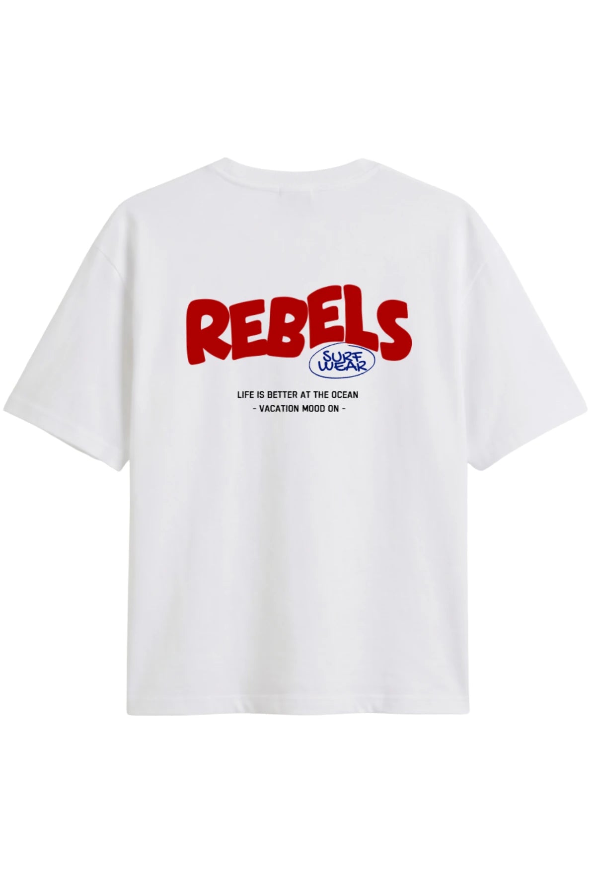 Rückseite vom Rebels Surf Wear Light T-Shirt in Weiß mit großem Rebels Surf Wear Print