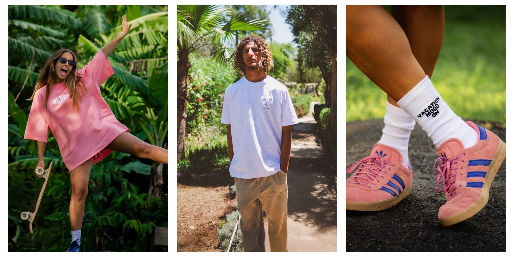SNKRBLS Sommer-Kollektion: Rosa Oversize T-Shirt beim Skaten, weißes Shirt im Palmenpfad und Vacation Mood  On Socken mit Retro-Sneakern