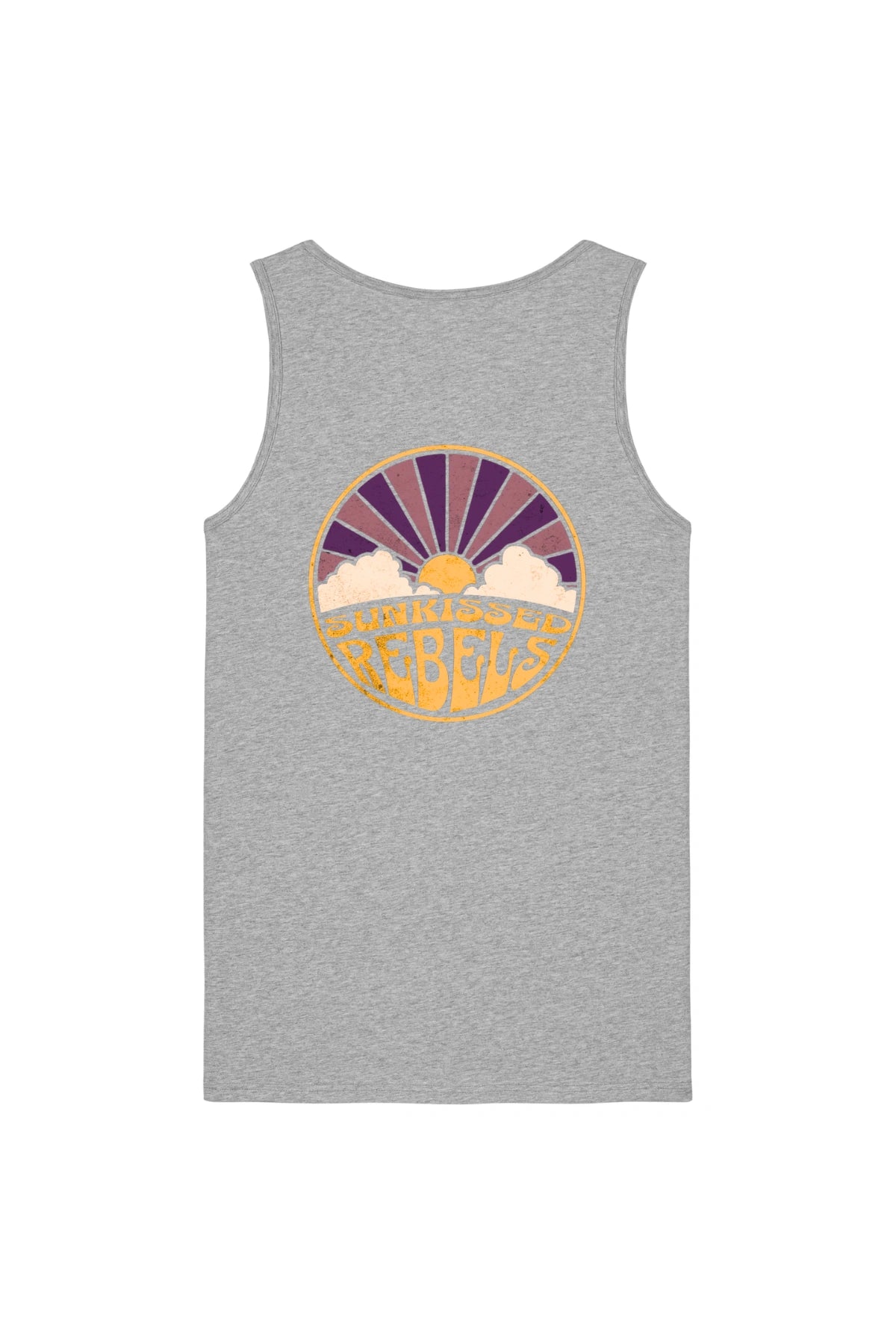 Rückseite des grauen Tanktops von The Sunkissed Rebels mit großem, farbigem Sonnenuntergangs-Print im Retro-Stil.