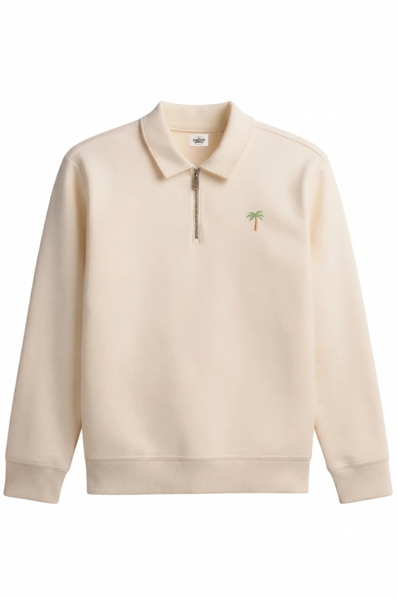 Beiger Half-Zip Sweater mit kleinem gestickten Palmen Logo und Reißverschluss am Kragen in Premium Qualität