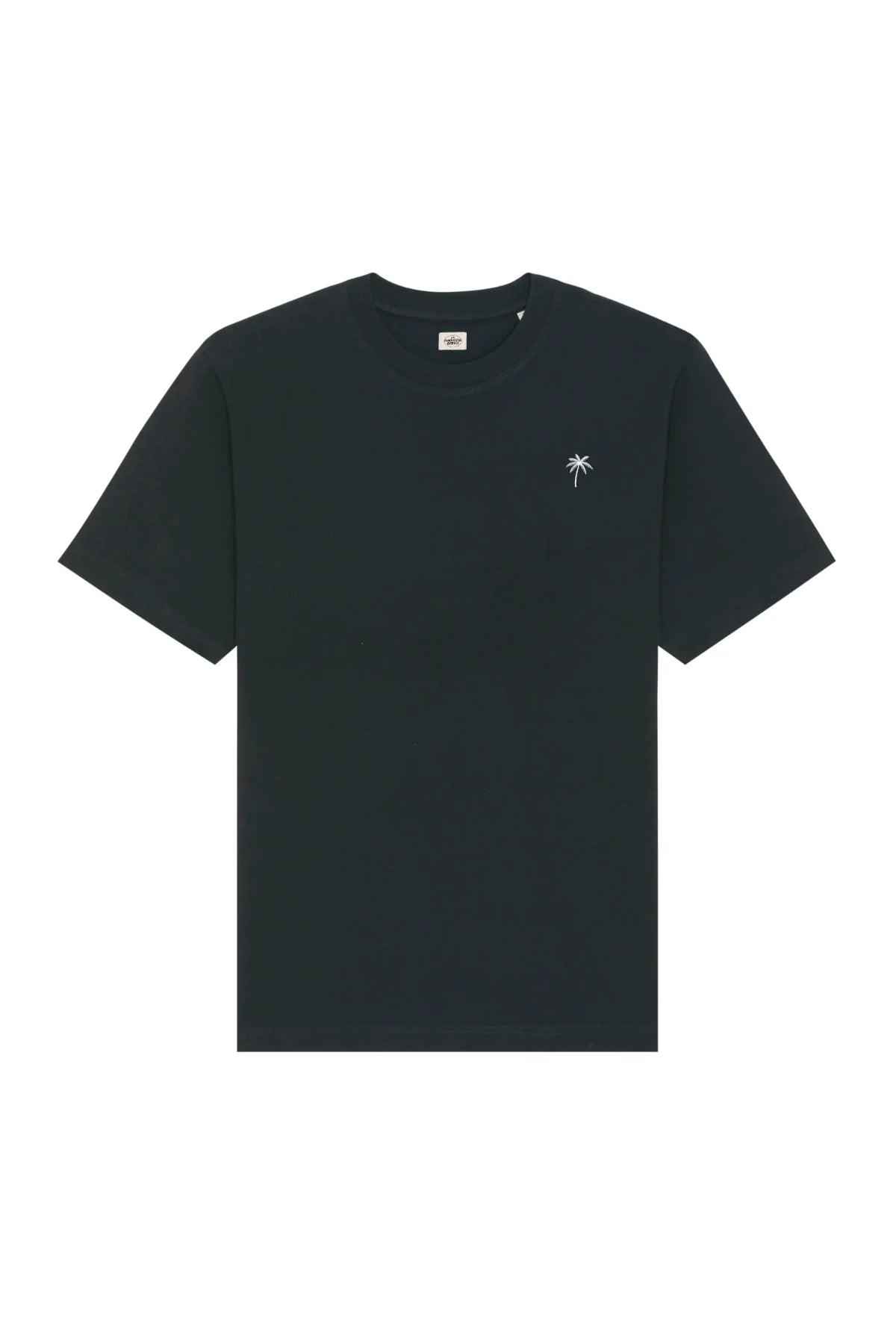 Vorderansicht vom schwarzen Oversized The Sunkissed Rebels T-Shirt – mit weißer Palmenstickerei