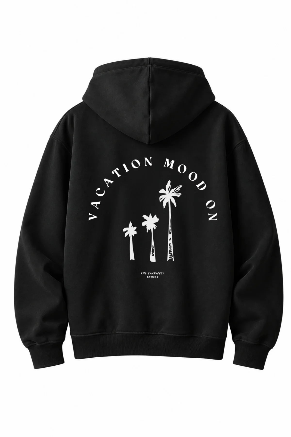 Schwarzer Oversized Hoodie von The Sunkissed Rebels mit weißem Vacation Mood On Palmen-Backprint.
