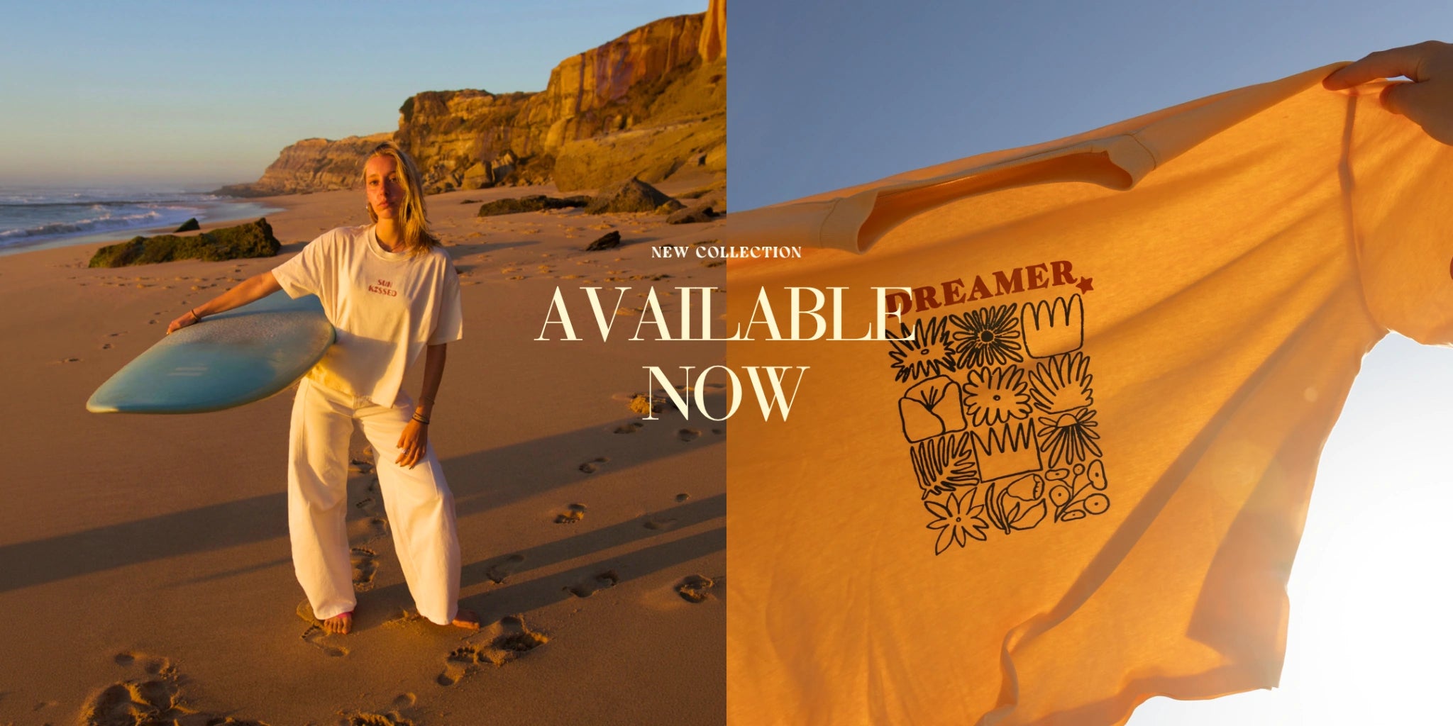 Frau am Strand mit Surfboard bei Sonnenuntergang und Detail eines T-Shirts mit Print, neue Kollektion jetzt verfügbar