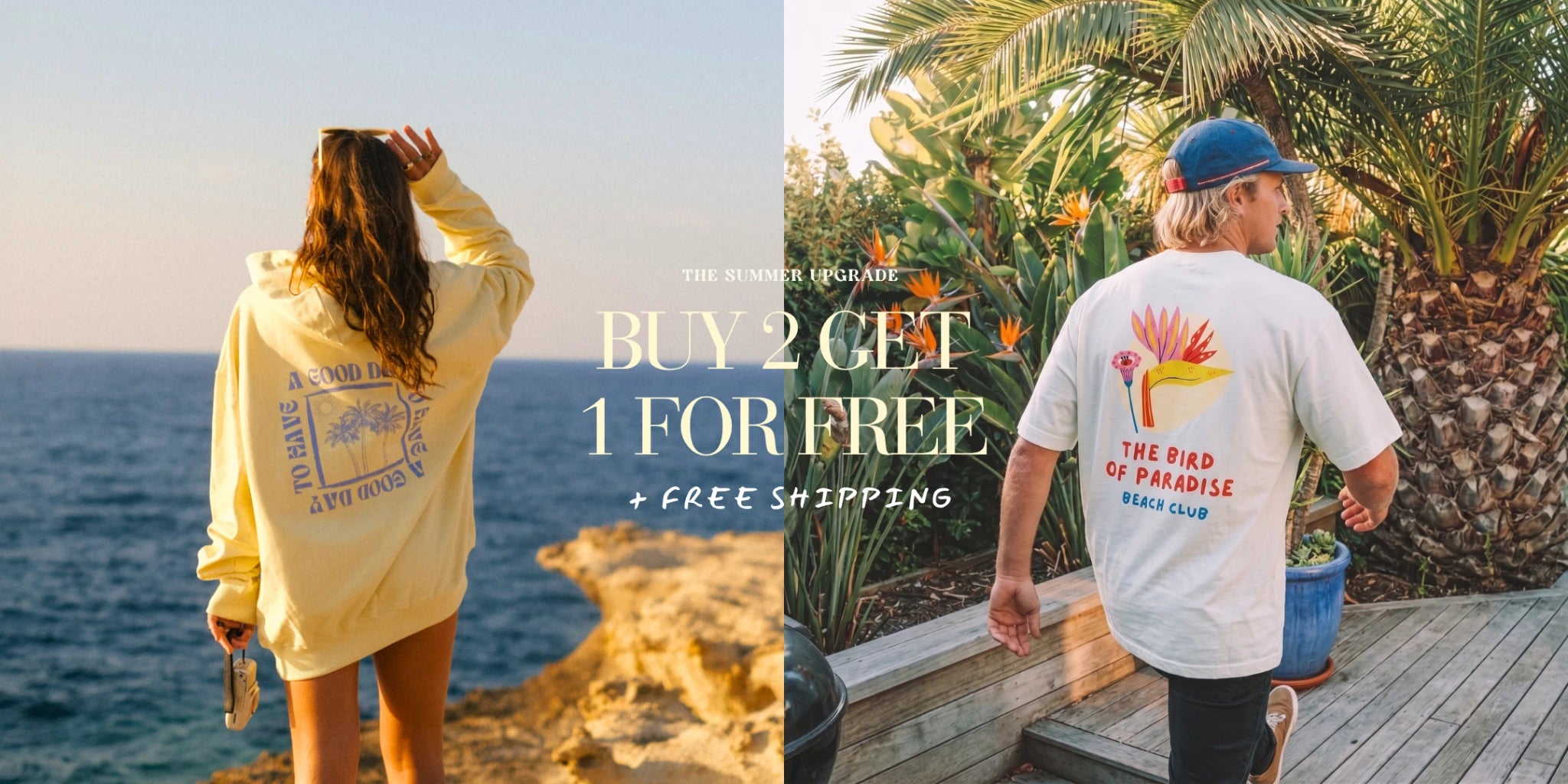 Sommer Banner von The Sunkissed Rebels mit Surfwear Models und Buy 2 Get 1 Free Angebot am Meer und Palmenstrand