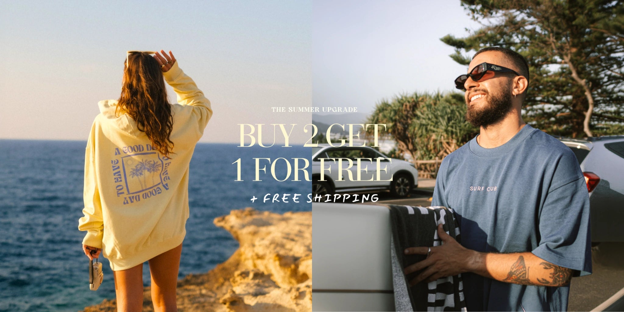 Person am Meer mit gelbem Hoodie und Sommerstimmung sowie Mann mit Surfboard, Promotion Angebot Buy 2 Get 1 Free mit Beach Lifestyle