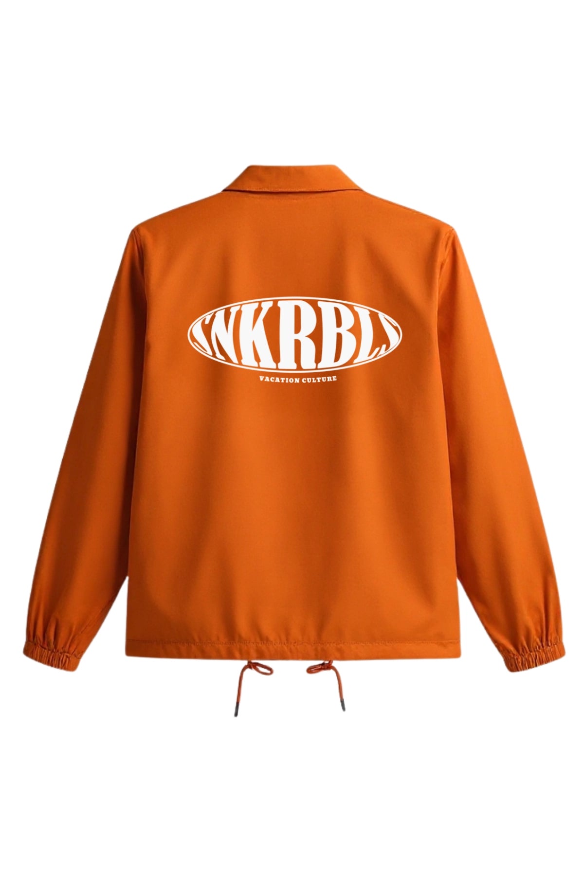 Coach Jacket Flame Orange – Rückansicht der orangen Jacke mit großem SNKRBL Vacation Culture Logo.