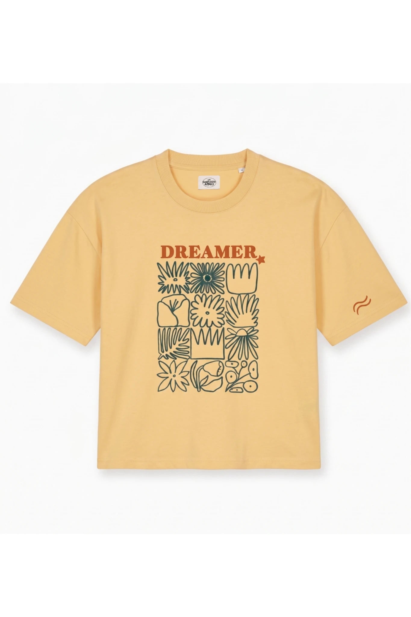Papayafarbenes Oversized T-Shirt mit Dreamer Schriftzug und floralem Grafik Print im Detail auf der Vorderseite