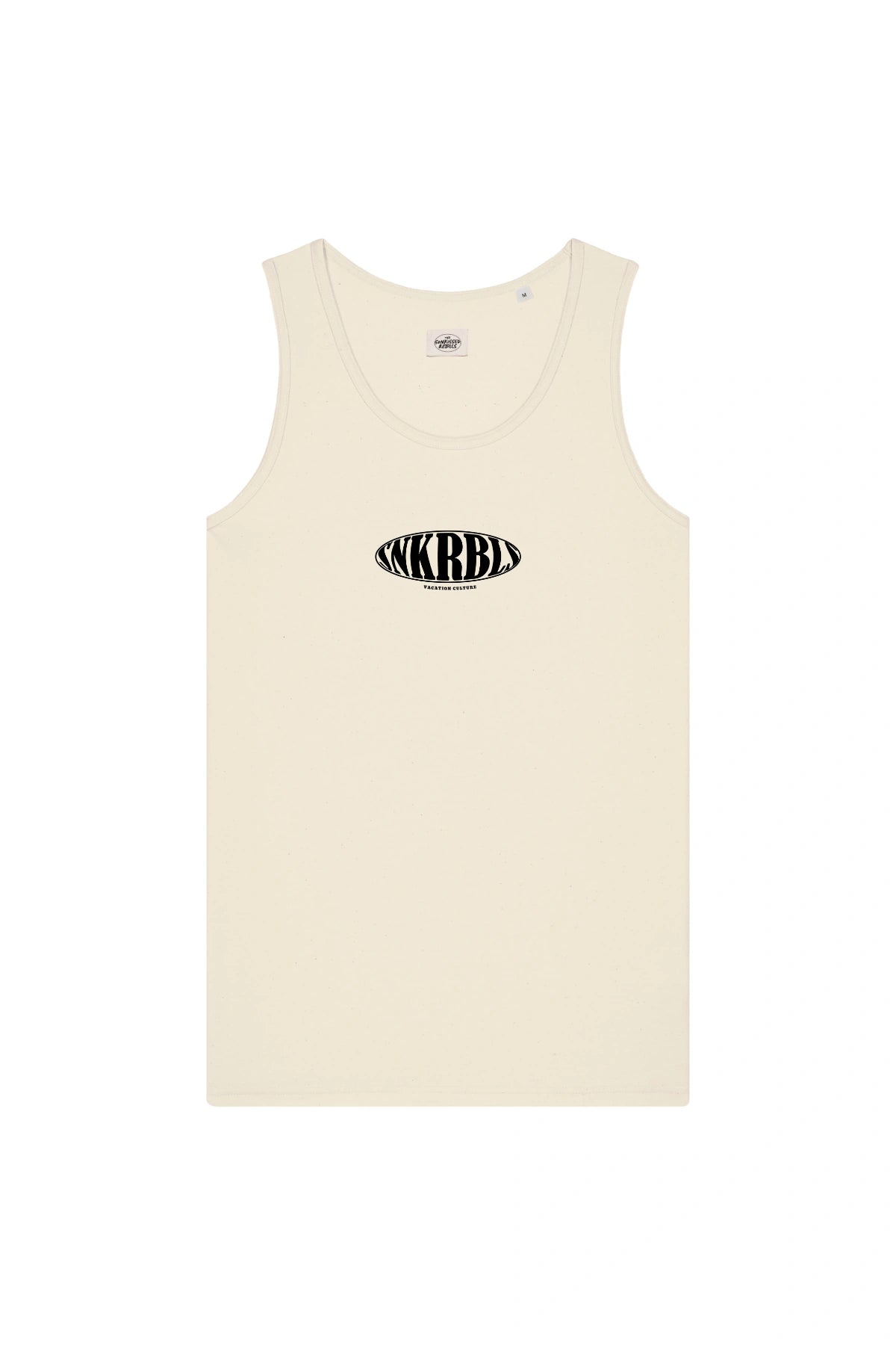 Frontansicht des SNKRBLS Tank Tops in Natural Raw mit schwarzem Logo – minimalistischer, nachhaltiger Sommerstyle