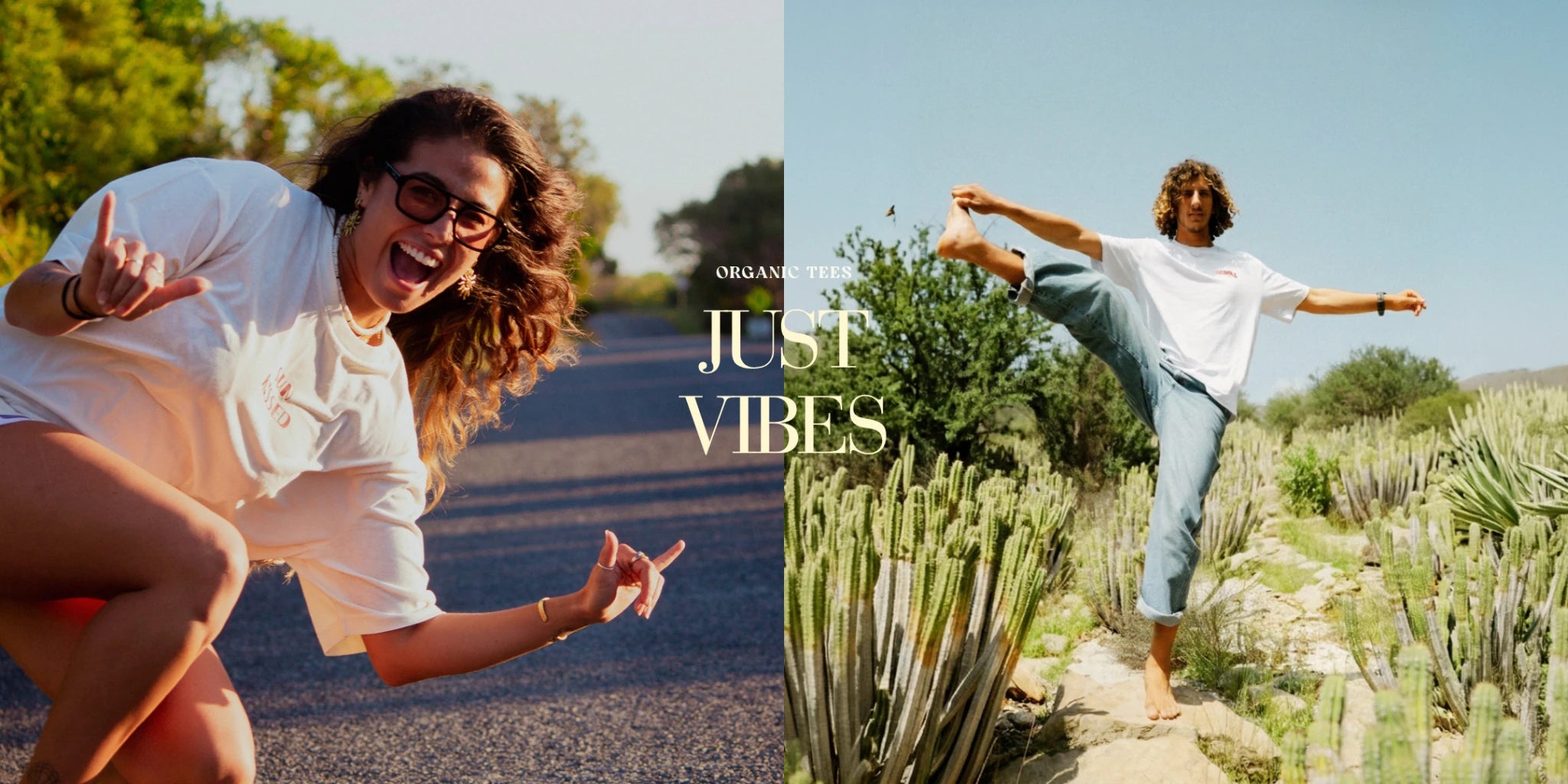 Zwei Personen zeigen entspannte Vibes draußen in Natur mit Organic T-Shirts, sommerlicher Lifestyle, positive Energie und Bewegung