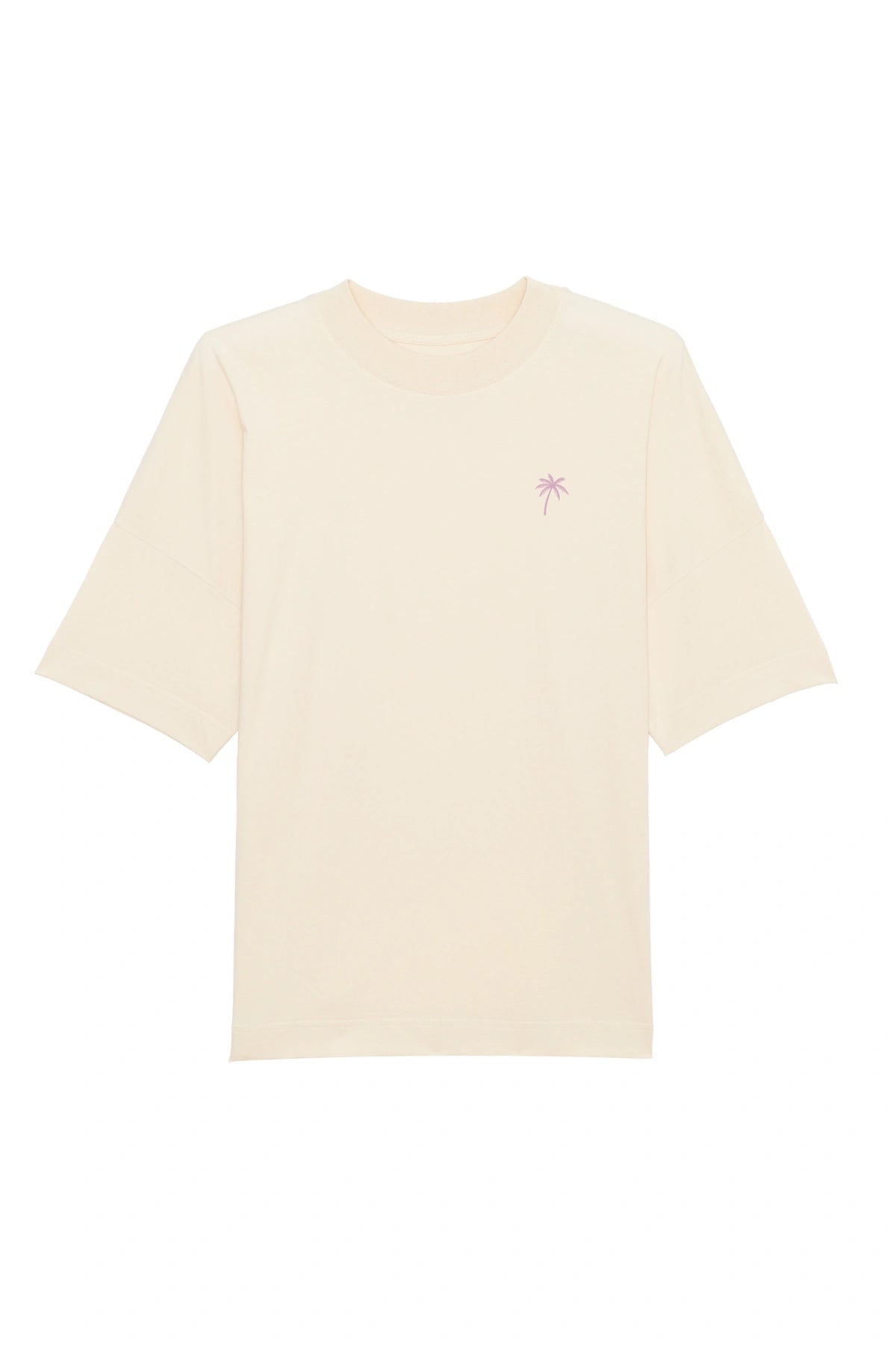 Oversized T-Shirt aus Bio-Baumwolle in Natural Raw mit pinkem Palmen-Stick vorne

